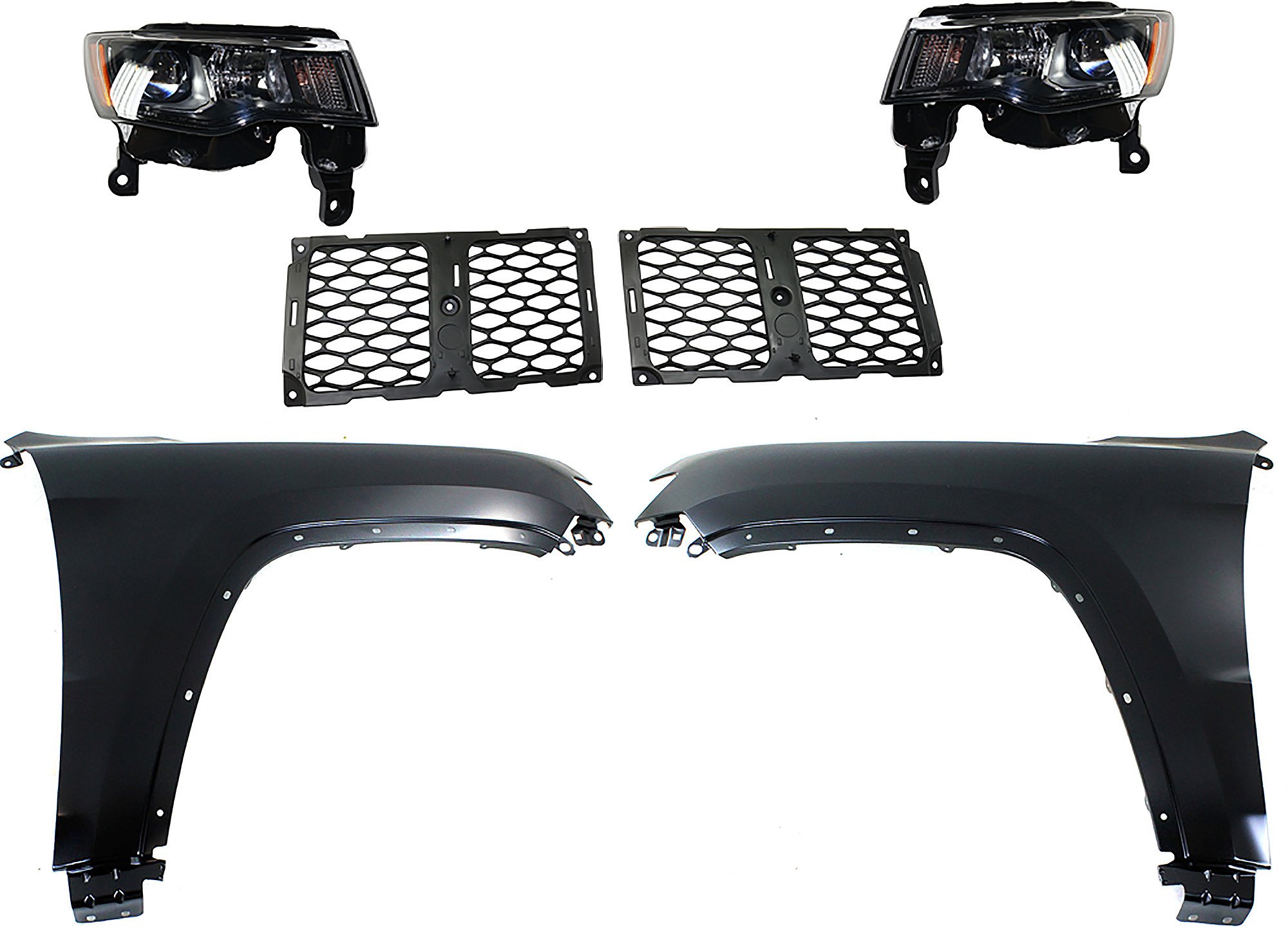 Headlight Assembly Kit for Jeep Grand Cherokee 2017-2021, Right (Passenger) and Left (Driver), Halogen, 6-Piece Kit with Fenders and Grille Assembly - (CAPA) Replacement