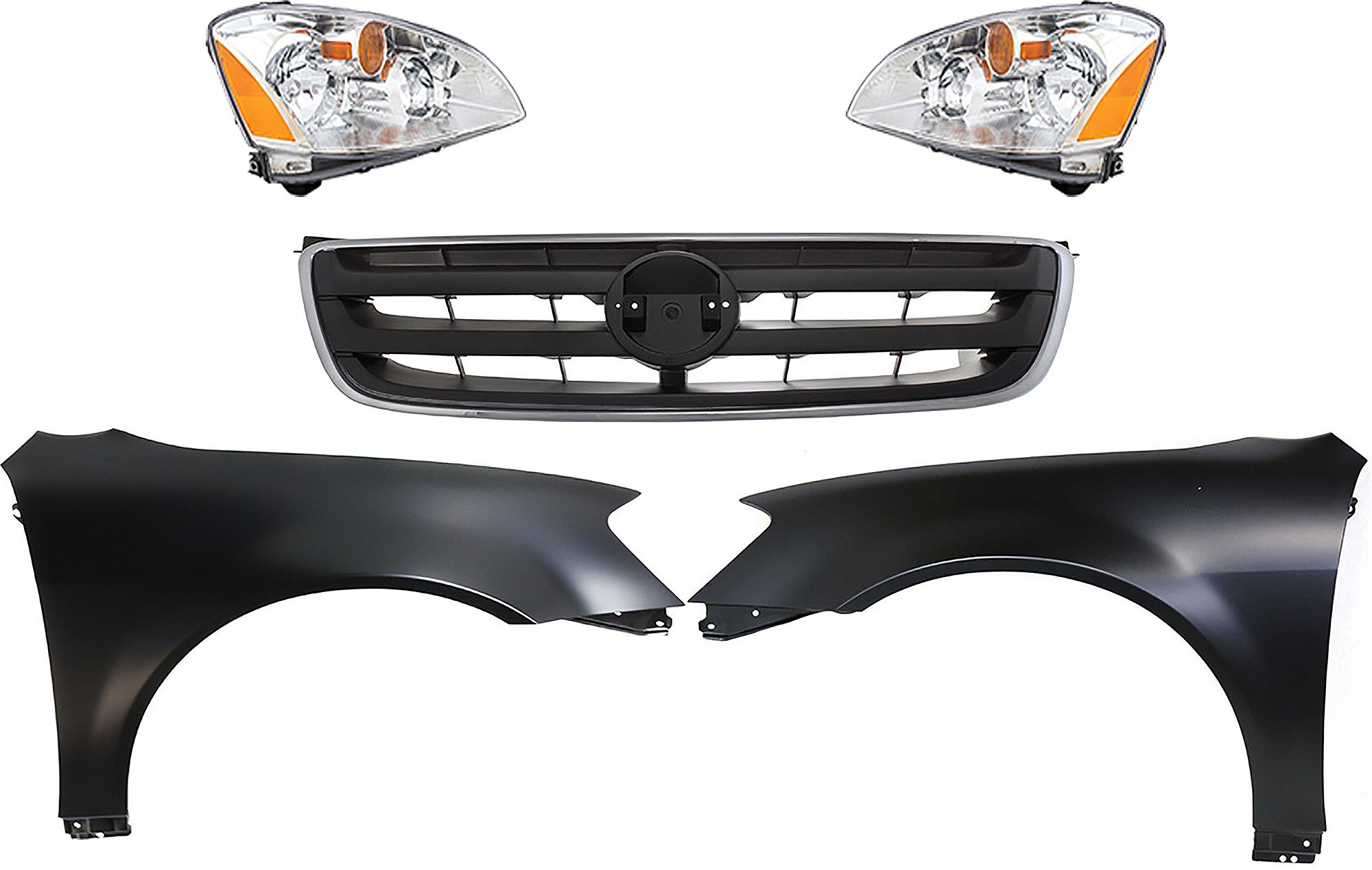 Headlight Assembly Kit for 2002-2004 Nissan Altima, Right (Passenger) & Left (Driver), Halogen, 5-Piece Kit with Fenders and Grille, Replacement