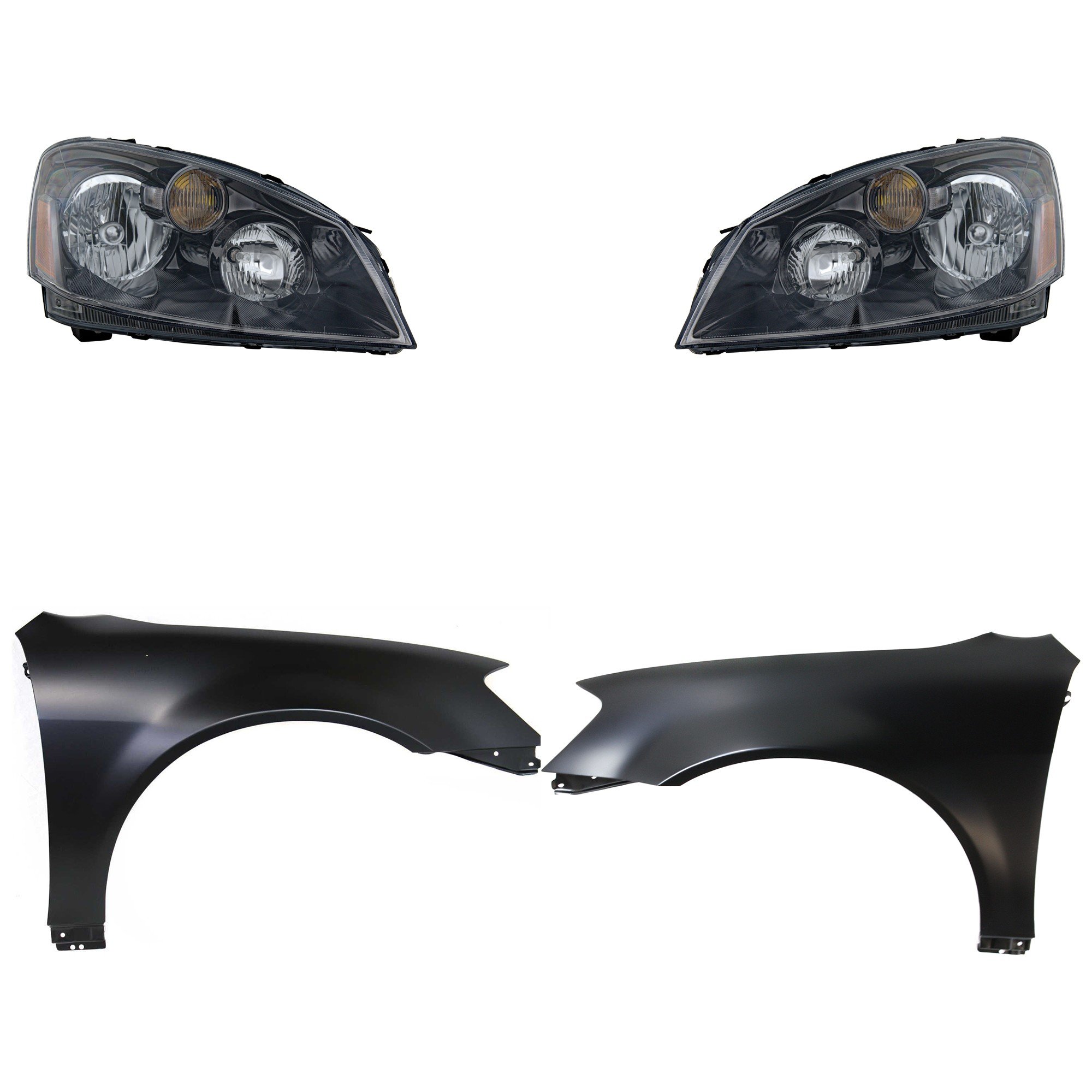Headlight Assembly Kit for 2005-2006 Nissan Altima, Includes Right (Passenger) and Left (Driver) Halogen Lights, 4-Piece Kit with Fenders, Replacement