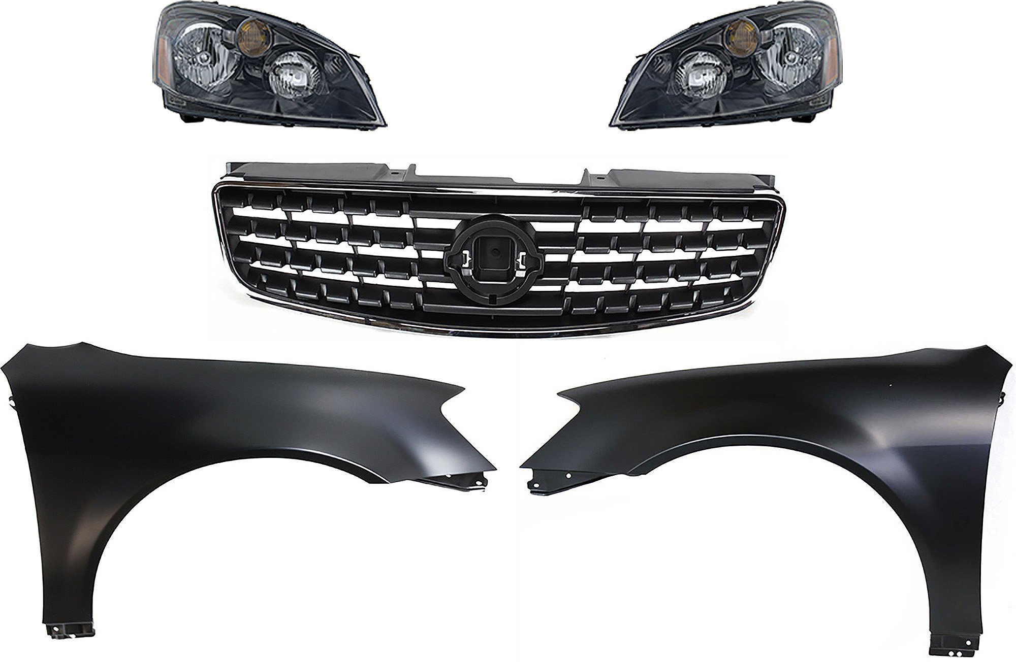 Headlight Assembly Kit for 2005-2006 Nissan Altima, Right (Passenger) and Left (Driver) Halogen, 5-Piece Kit with Fenders and Grille Assembly, Replacement