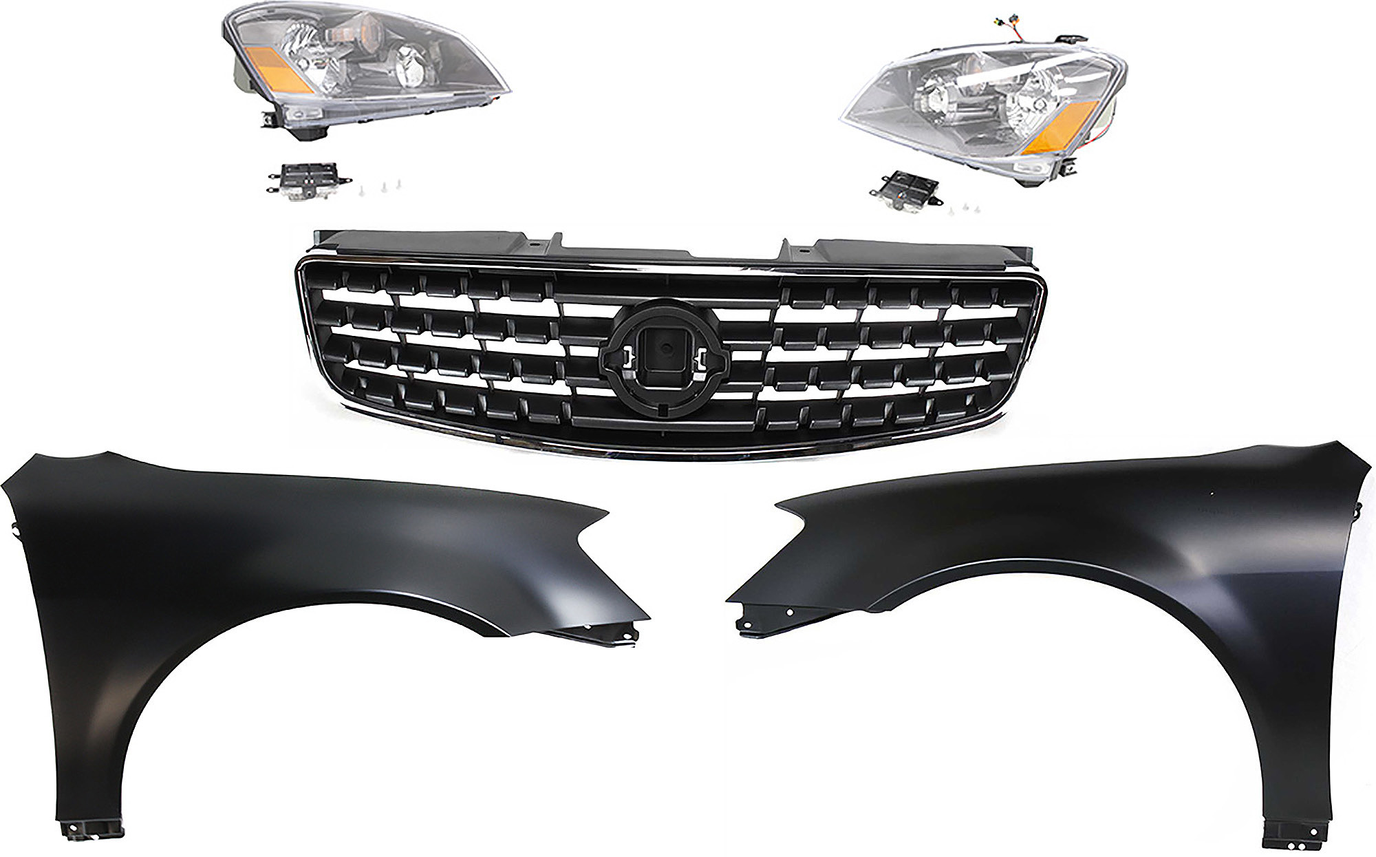 Headlight Assembly for 2005 Nissan Altima, Right (Passenger) and Left (Driver), High Intensity Discharge (HID)/Xenon, Includes HID Kit, 5-Piece Kit, with Fenders and Grille Assembly Replacement