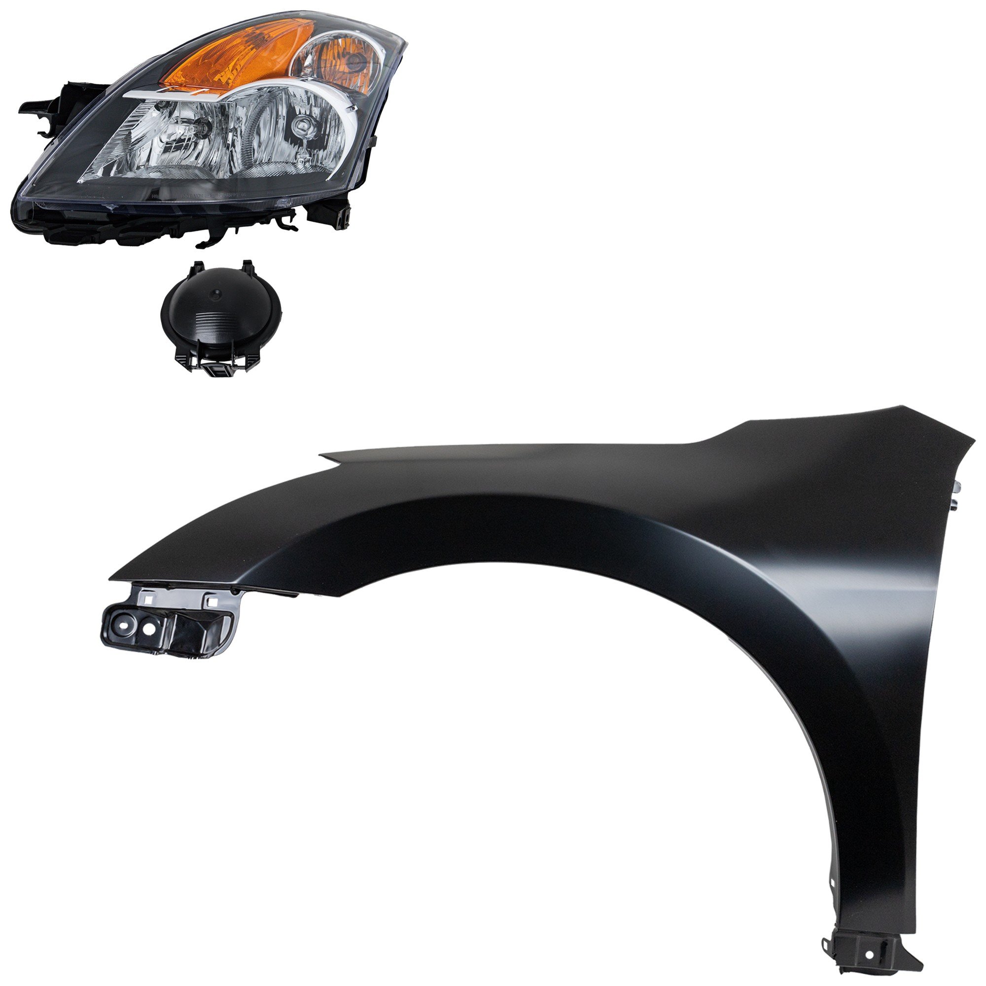 Headlight Assembly for 2007-2009 Nissan Altima, Left (Driver), Halogen Light, 2-Piece Kit with Fender, Replacement