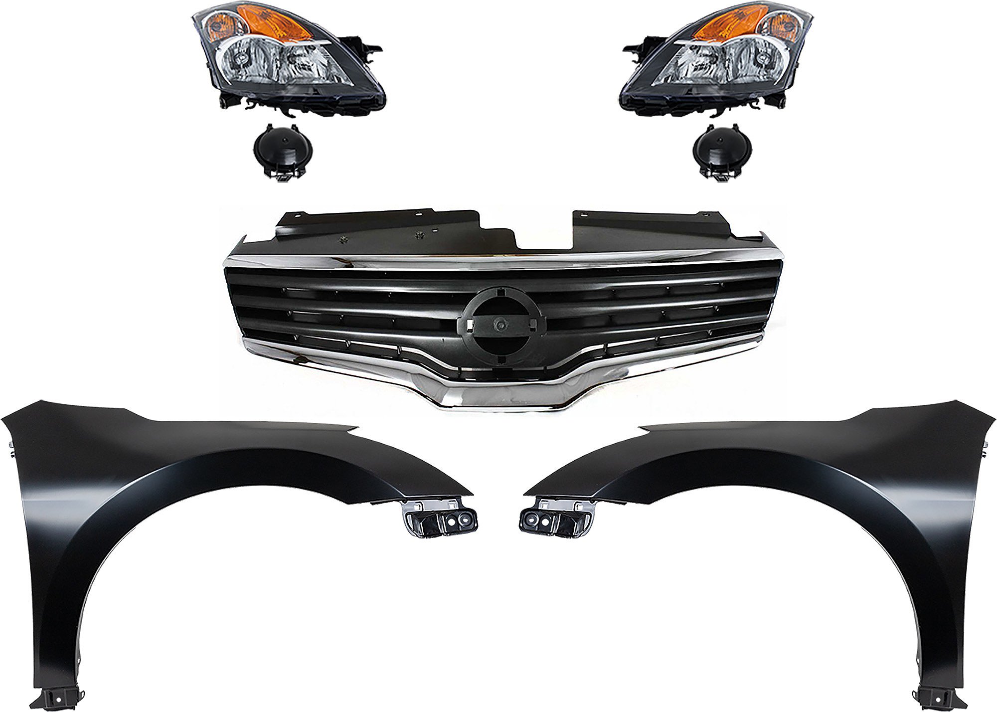 Headlight Assembly Kit for 2007-2009 Nissan Altima, Includes Right (Passenger) and Left (Driver) Lights, Halogen, 5-Piece Set, with Fenders and Grille Assembly, Replacement