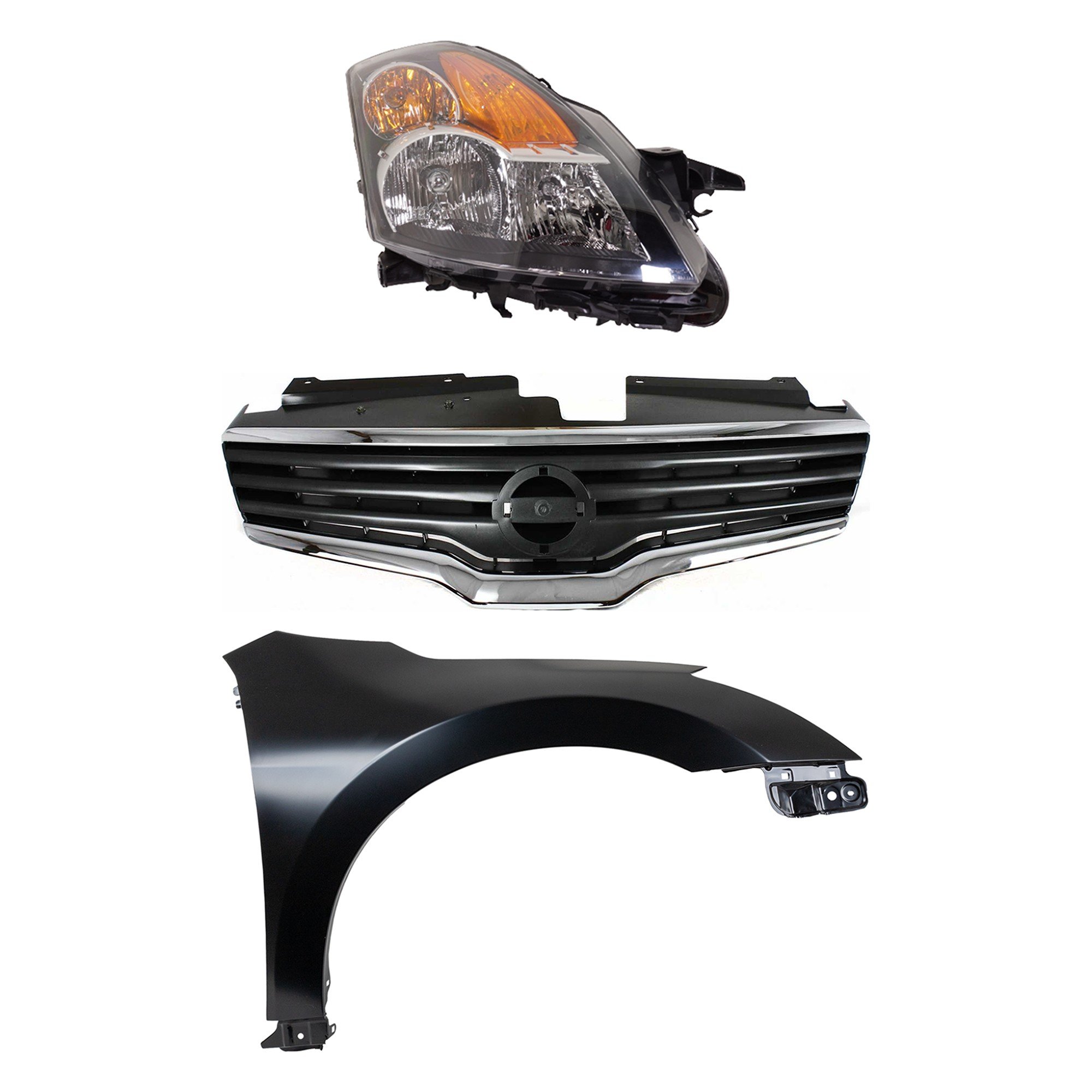 Headlight Assembly for 2007 Nissan Altima, Right (Passenger) Side, Halogen, 3-Piece Kit with Fender and Grille Assembly, Replacement