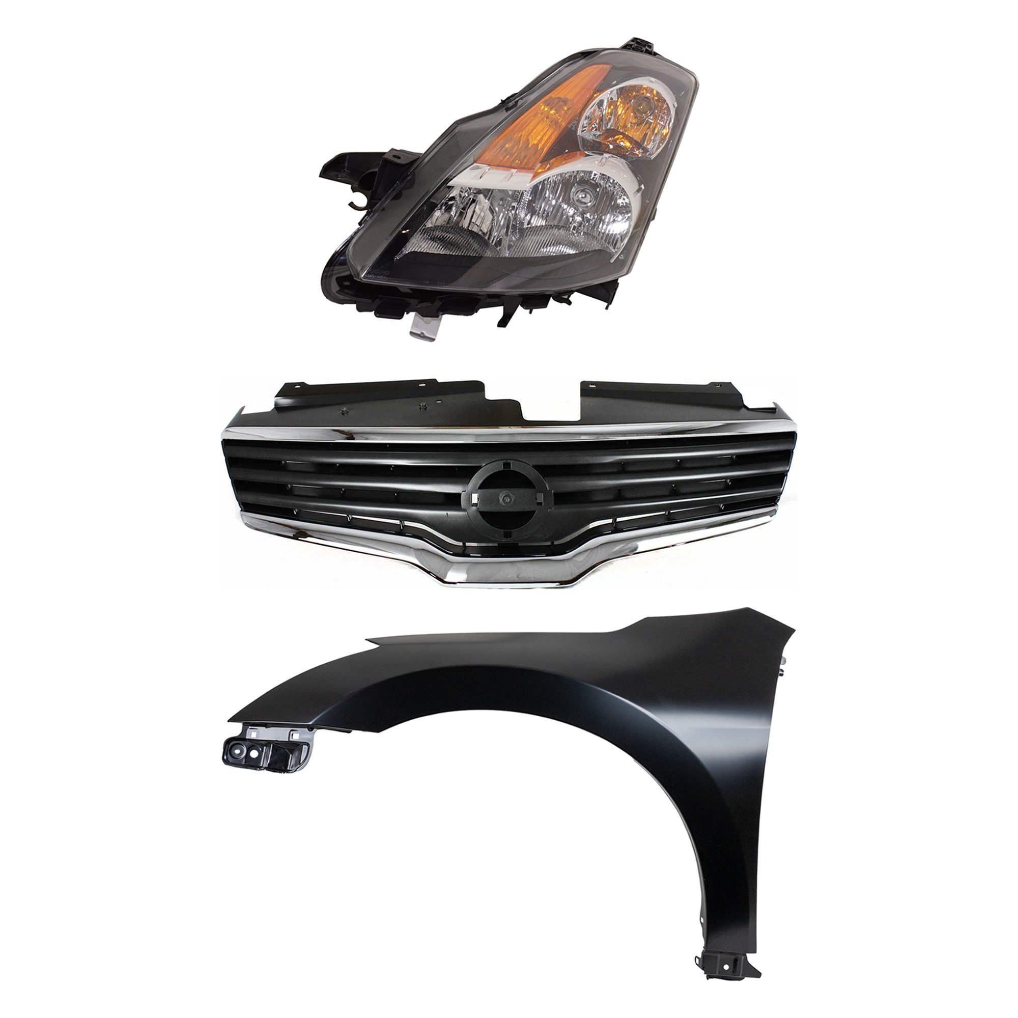 Headlight Assembly Kit for 2007 Nissan Altima, Left (Driver) Side, Halogen, 3-Piece with Fender and Grille Assembly Replacement