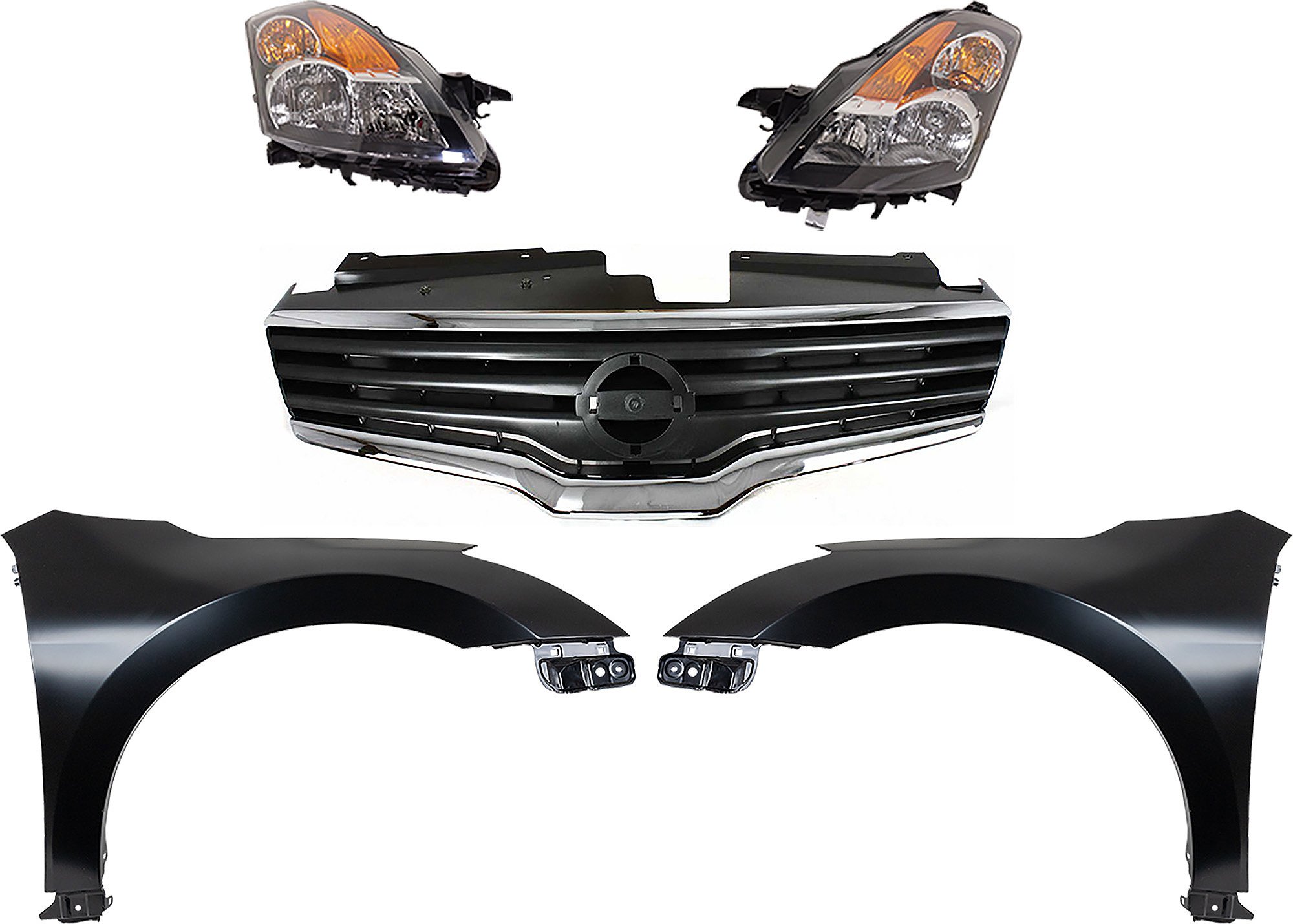 Headlight Assembly Kit for 2007 Nissan Altima, Right (Passenger) and Left (Driver), 5-Piece Kit, includes Halogen Lights, Fenders, and Grille Assembly Replacement
