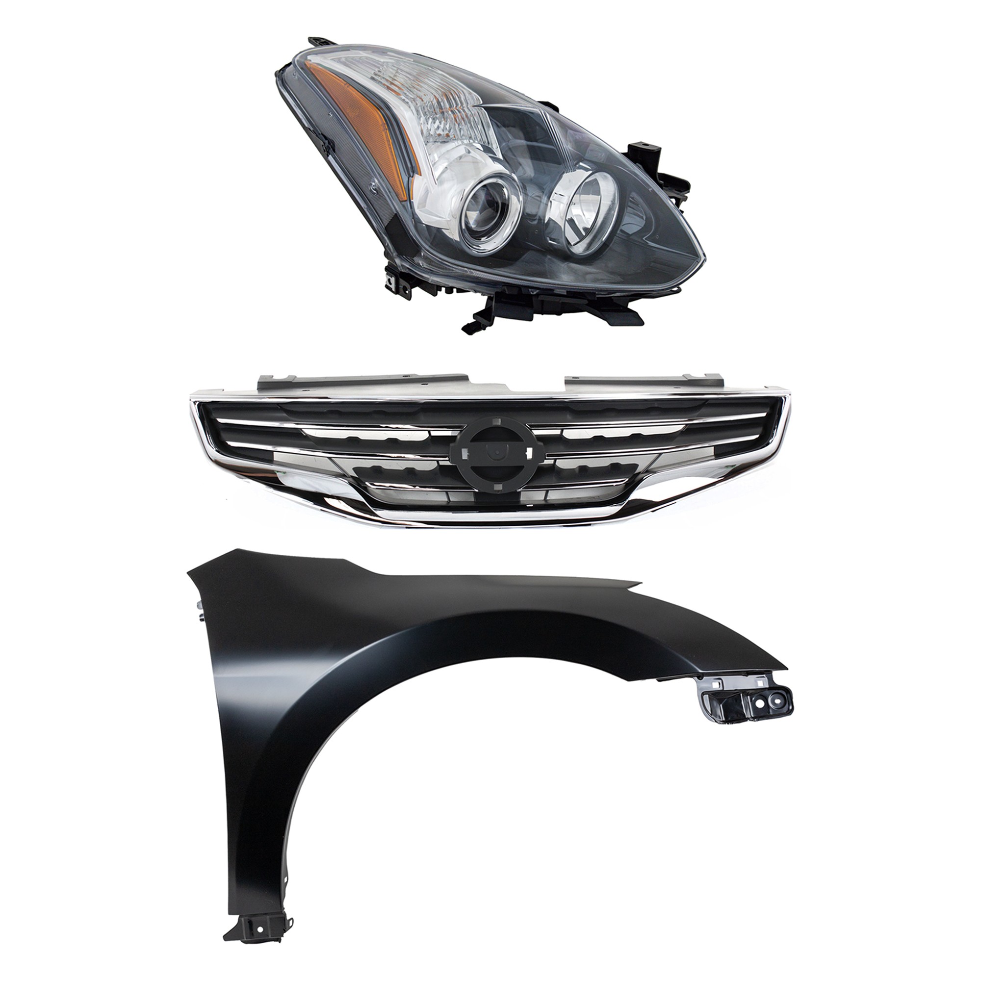 Headlight Assembly Kit for 2010-2012 Nissan Altima, Right (Passenger) Side, Includes Halogen Light, 3-Piece with Fender and Grille Assembly Replacement