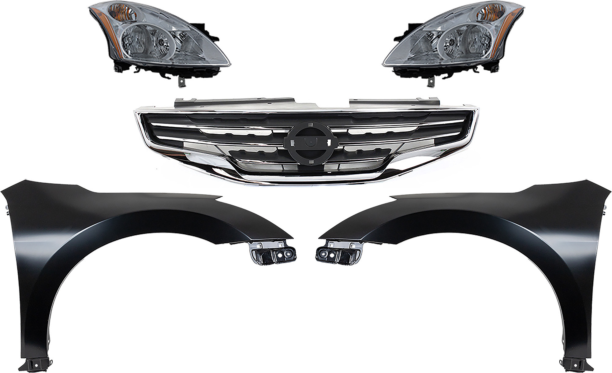 Headlight Assembly Kit for 2010-2012 Nissan Altima, Right (Passenger) and Left (Driver), Halogen, 5-Piece with Fenders and Grille Assembly Replacement