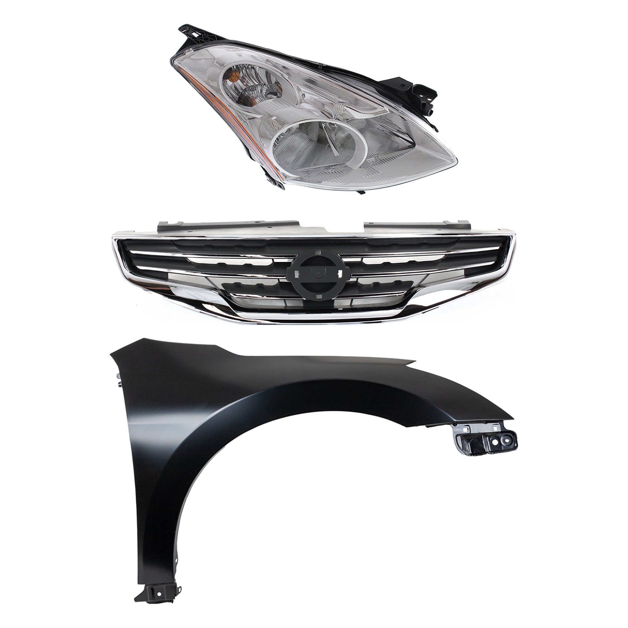 Headlight Kit for 2010-2012 Nissan Altima, Right (Passenger) Side, Includes Lens and Housing, Xenon, 3-Piece with Fender and Grille Assembly, Replacement