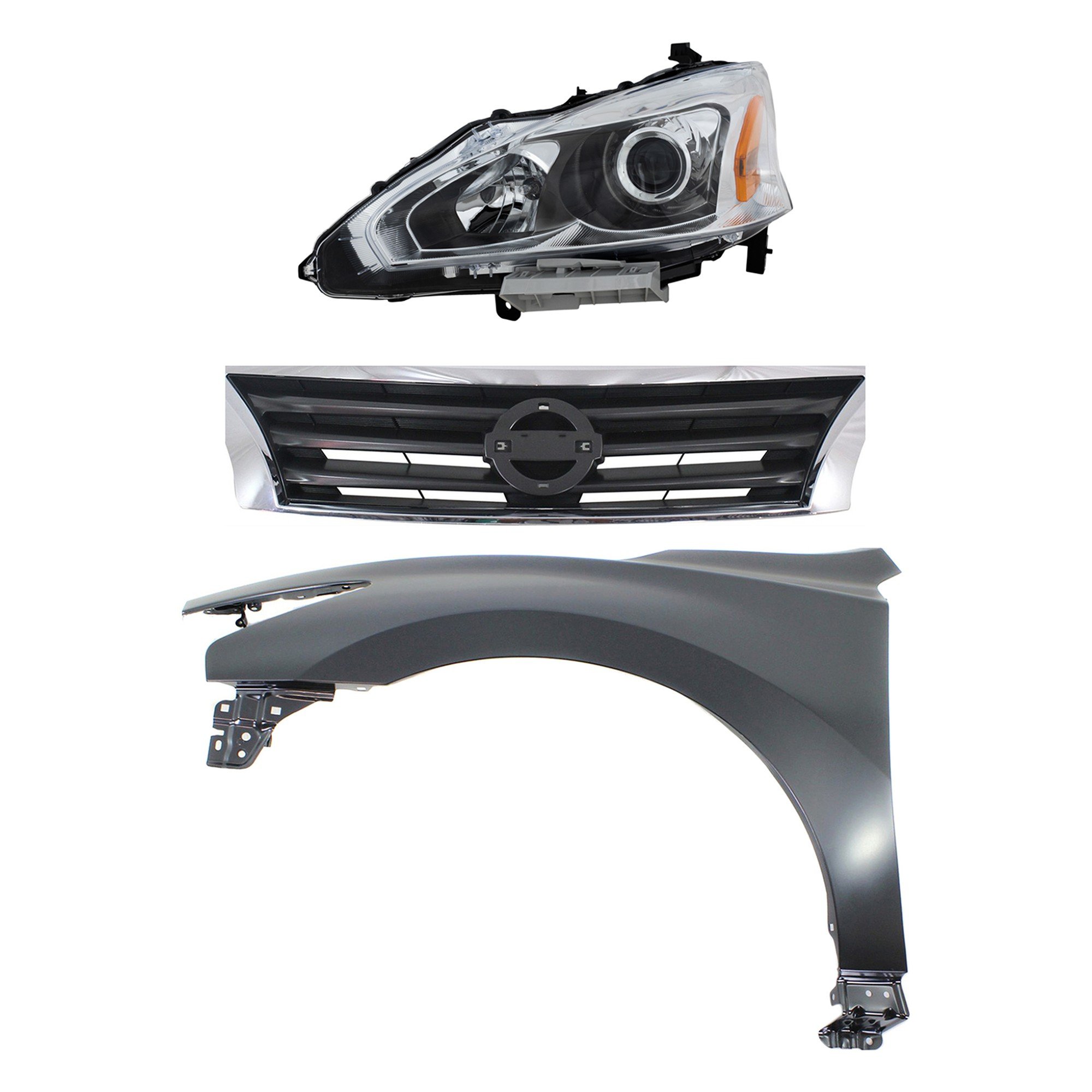 Headlight Assembly Kit for Nissan Altima 2013-2015, Left (Driver) Side, Halogen, 3-Piece Set, includes Fender and Grille Assembly Replacement