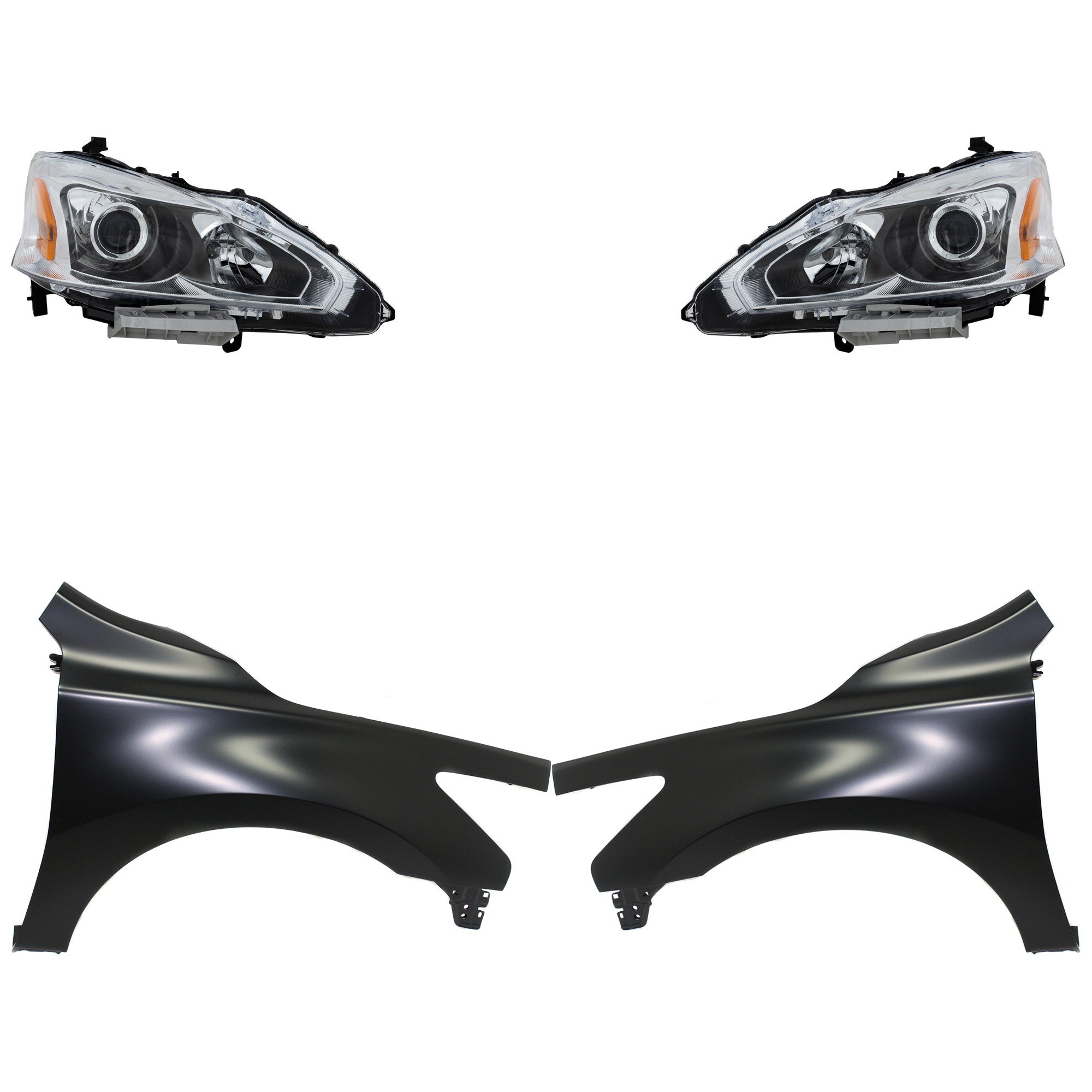 Headlight Assembly Kit for 2013-2015 Nissan Altima, Right (Passenger) and Left (Driver), Halogen, 4-Piece Set with Fenders, Replacement