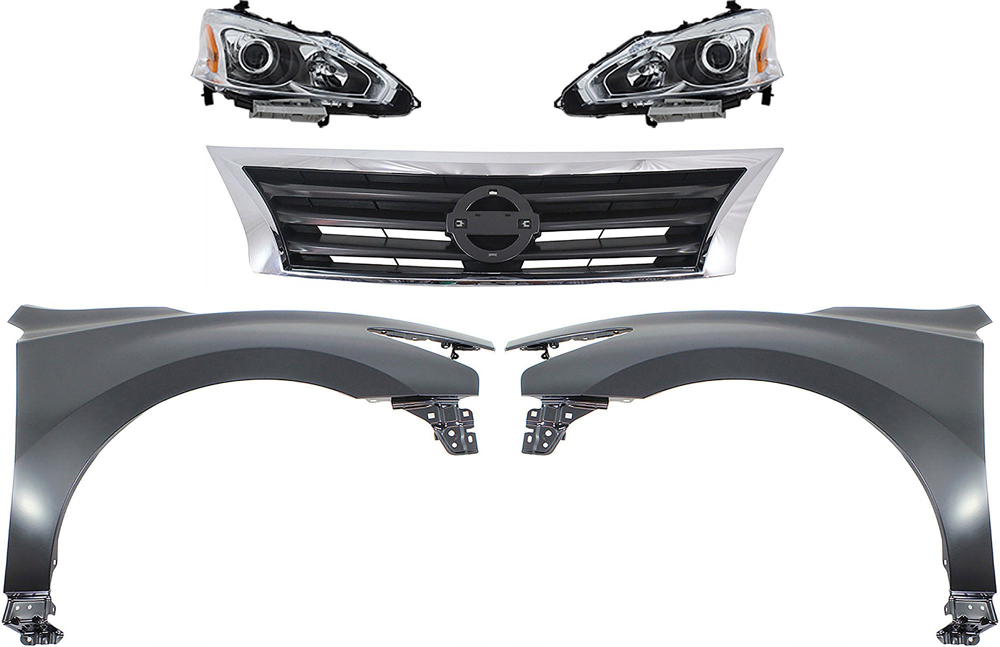 Headlight Assembly Kit for 2013-2015 Nissan Altima with Right (Passenger) and Left (Driver) Halogen Lights, 5-Piece Kit, Includes Fenders and Grille Assembly, Replacement
