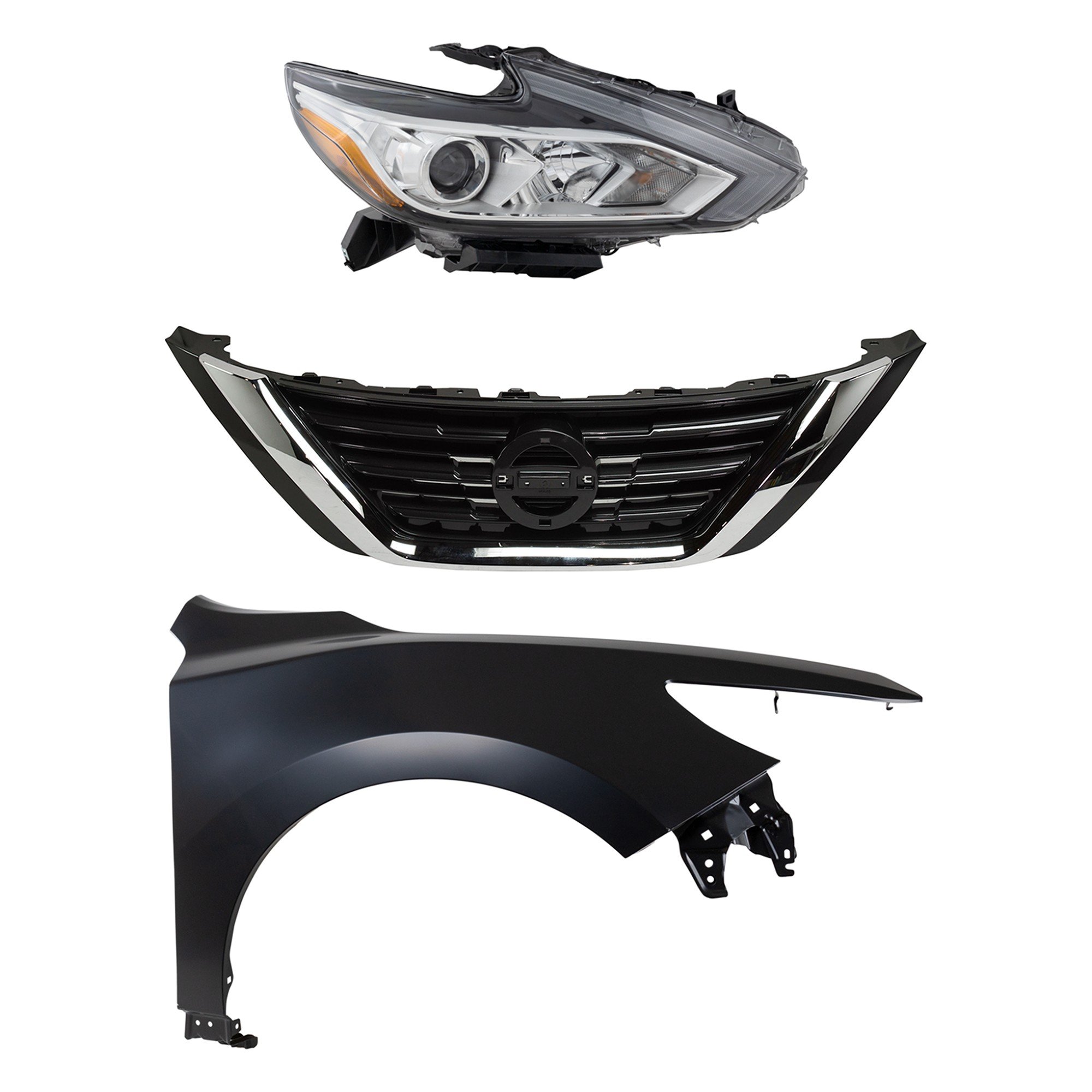Headlight Assembly for 2016-2018 Nissan Altima, Right (Passenger) Side, 3-Piece Kit with Halogen Light, includes Fender and Grille Assembly, Replacement
