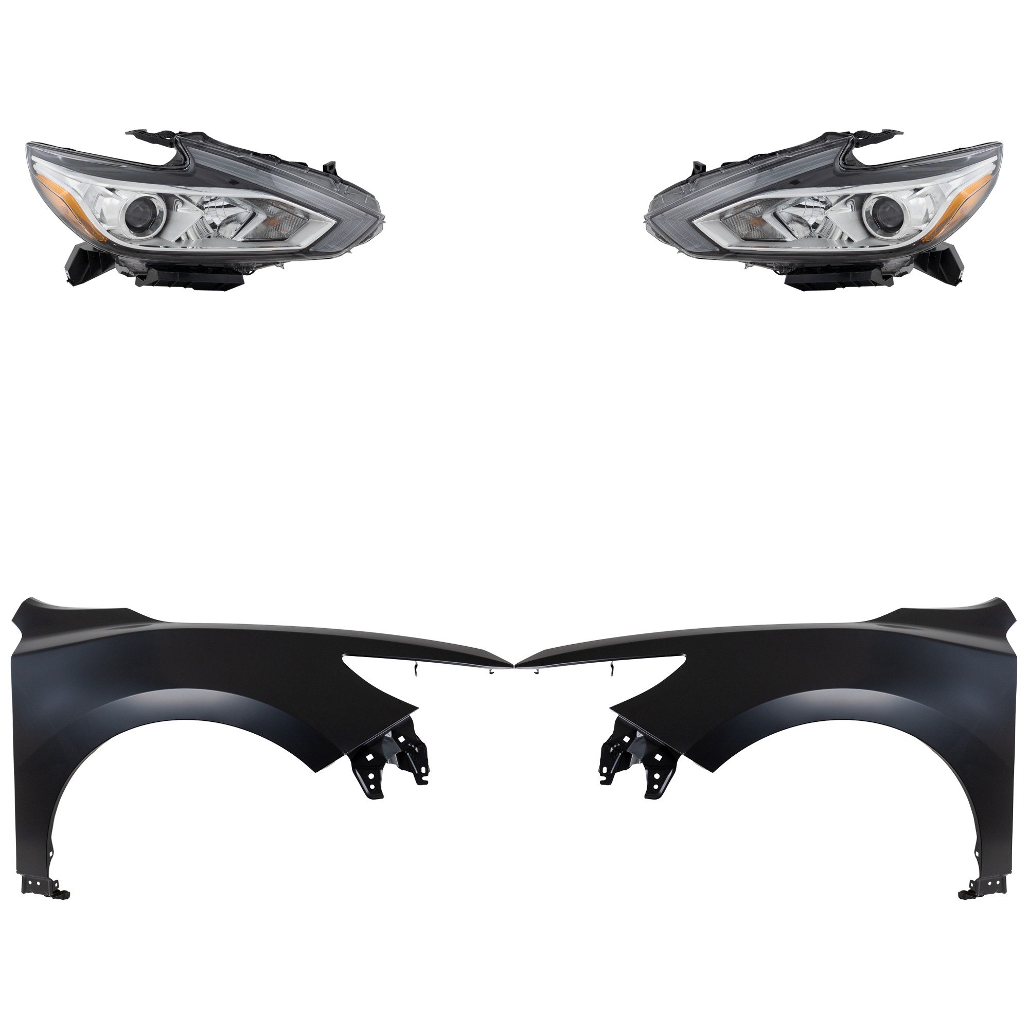 Headlight Assembly Kit for 2016-2018 Nissan Altima, Right (Passenger) and Left (Driver), Halogen, 4-Piece Kit, with Fenders, Replacement