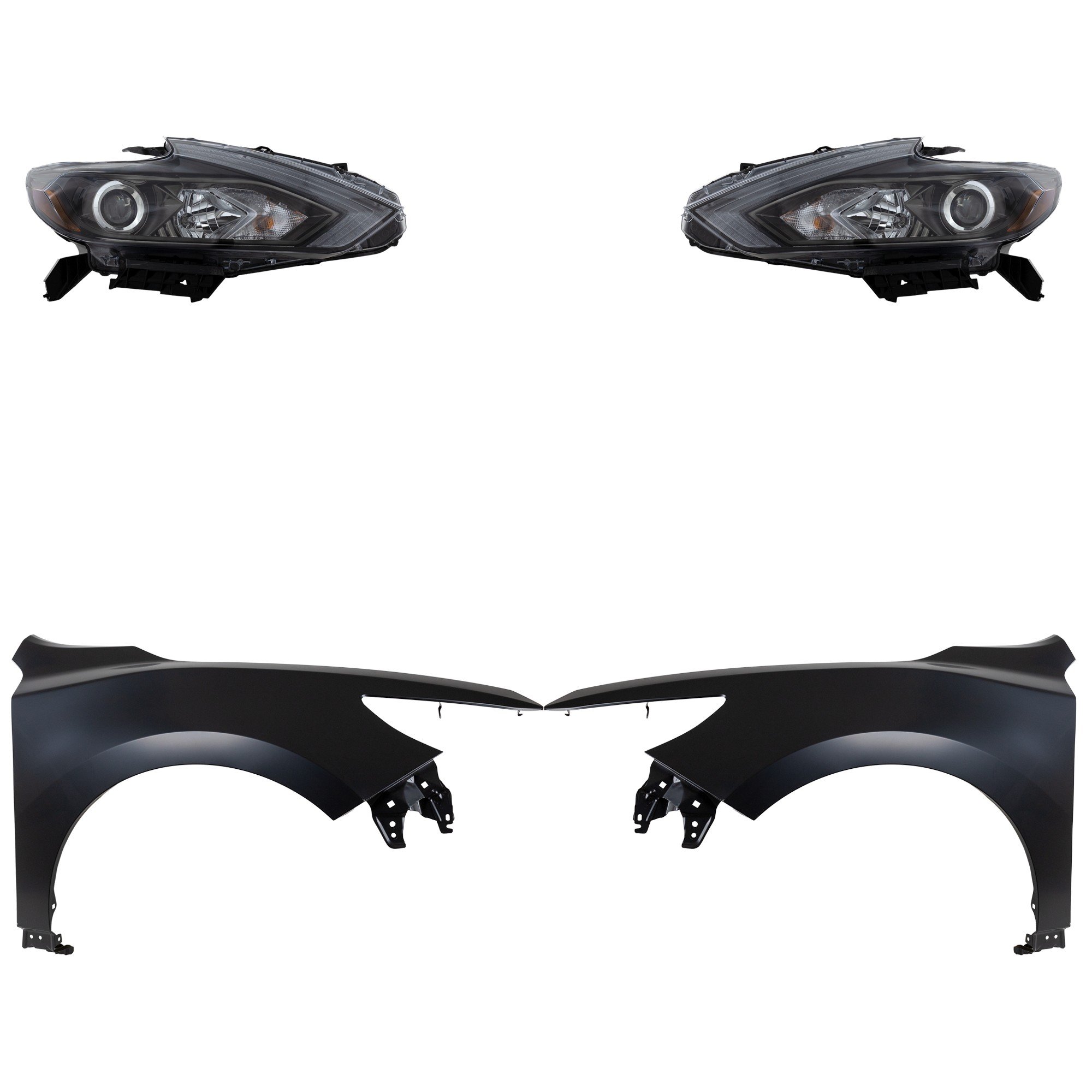 Headlight Assembly Kit for 2016-2018 Nissan Altima, Right (Passenger) and Left (Driver), 4-Piece Halogen, Includes Fenders, Replacement