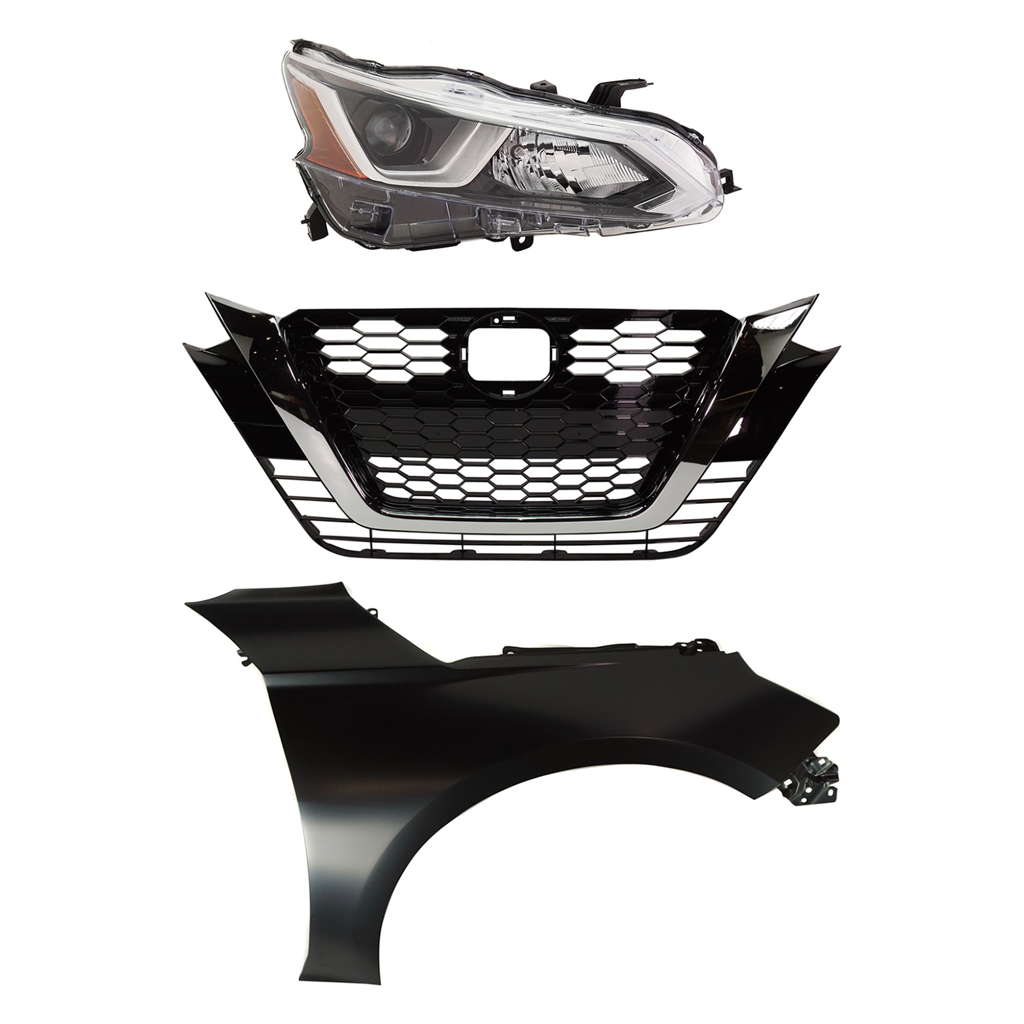 Headlight Assembly Kit for 2019-2021 Nissan Altima S Models, Right (Passenger), 3-Piece with Fender and Grille, Halogen, Replacement