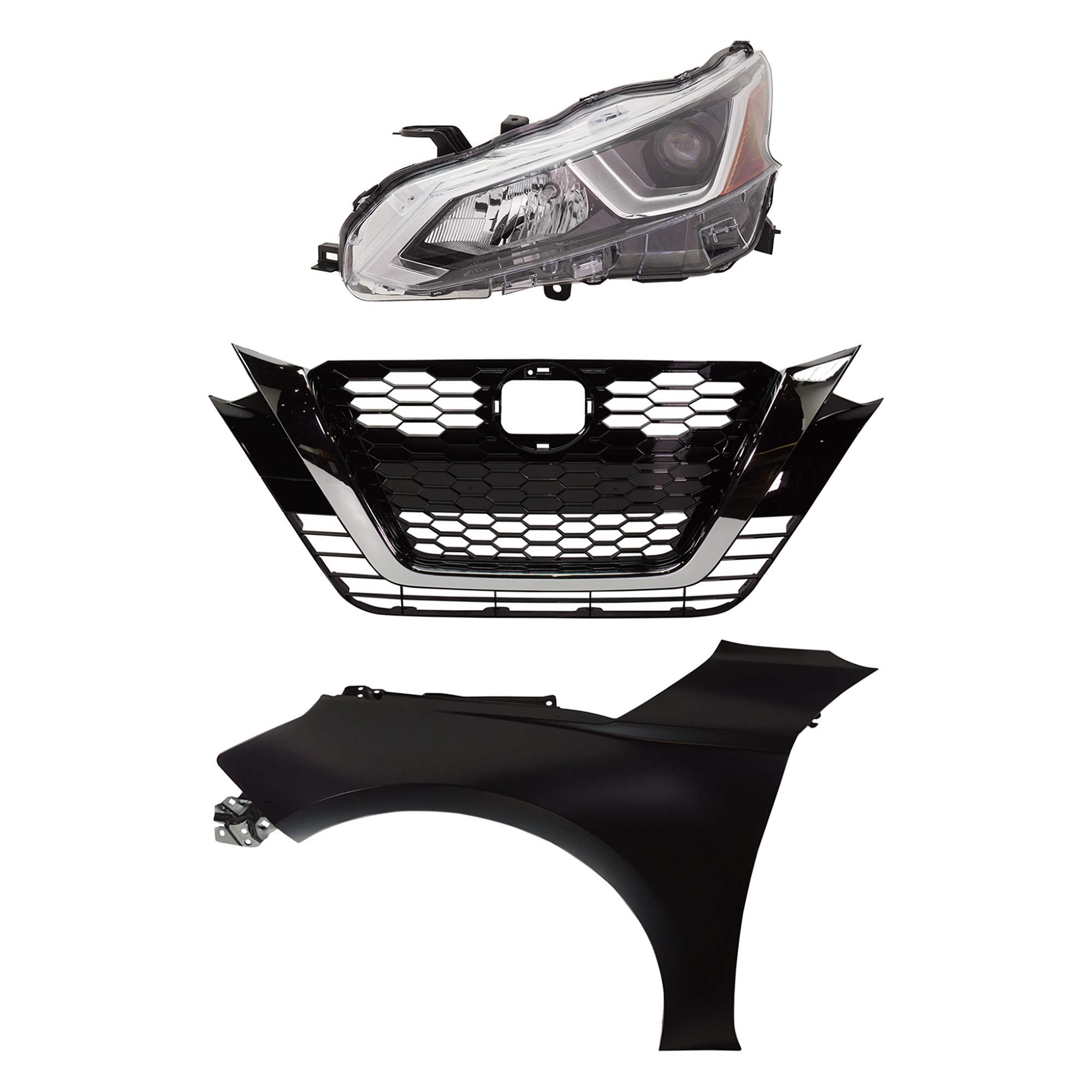 Headlight Assembly Kit for 2019-2021 Nissan Altima S Models, Left (Driver), 3-Piece with Halogen Light, Includes Fender and Grille, Replacement