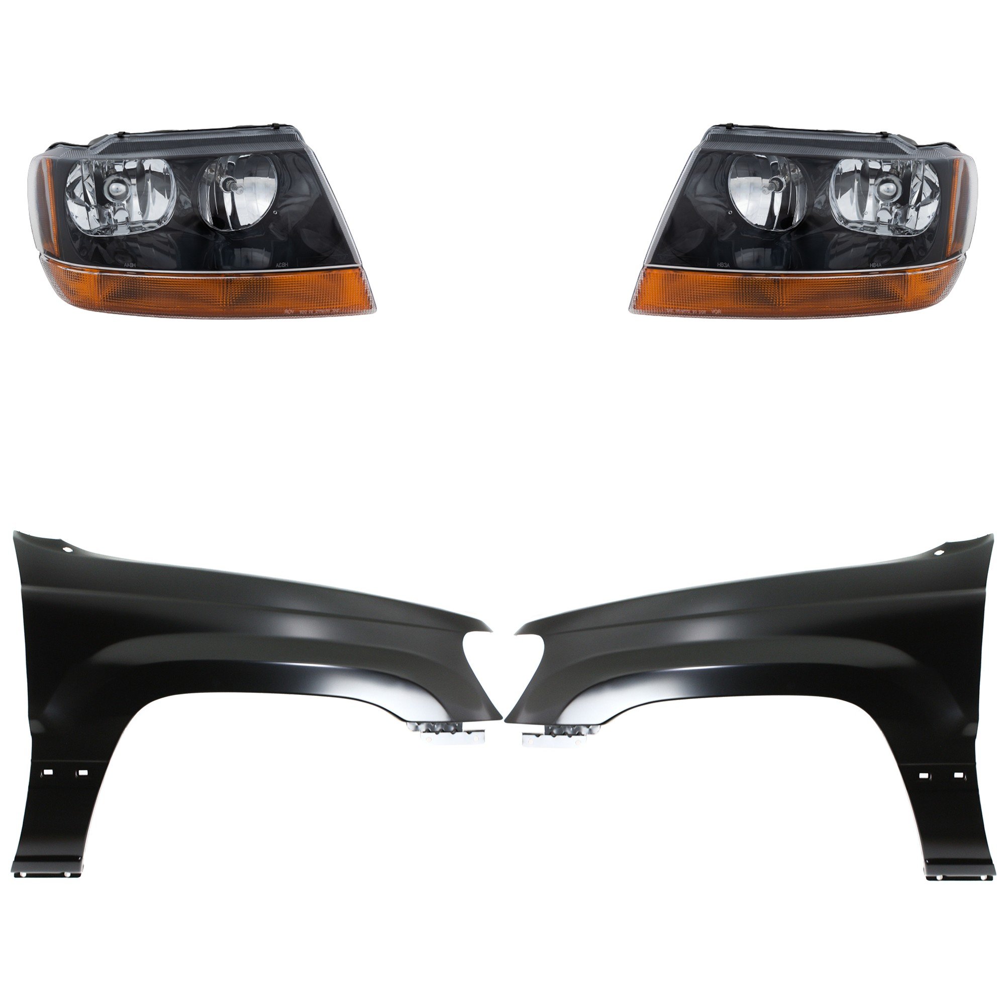 Headlight Assembly for Jeep Grand Cherokee 1999-2003, Right (Passenger) and Left (Driver), Halogen, 4-Piece Kit with Fenders, Replacement