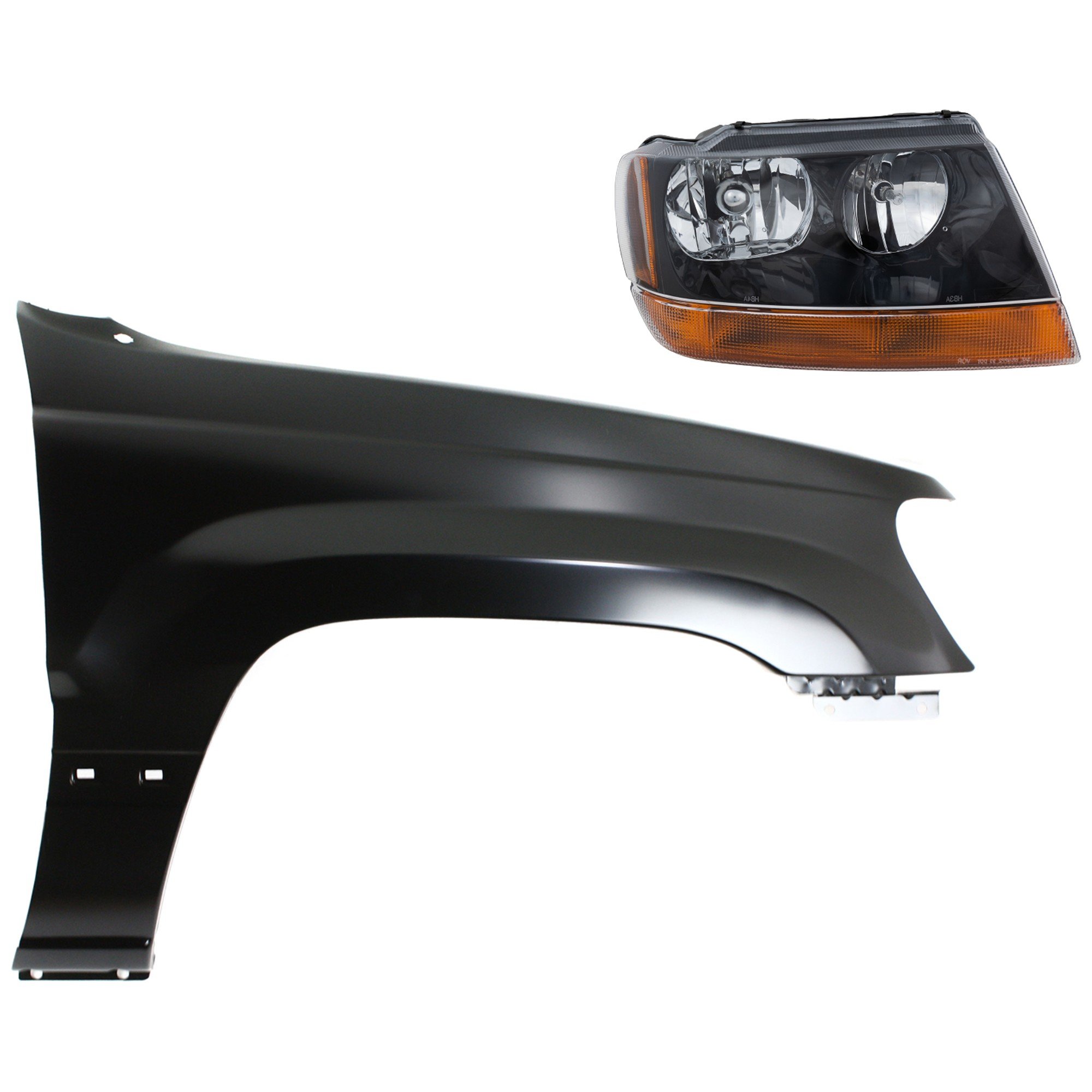 Headlight Assembly for Jeep Grand Cherokee 1999-2003 Right (Passenger), Halogen, 2-Piece Kit with Fender, Replacement