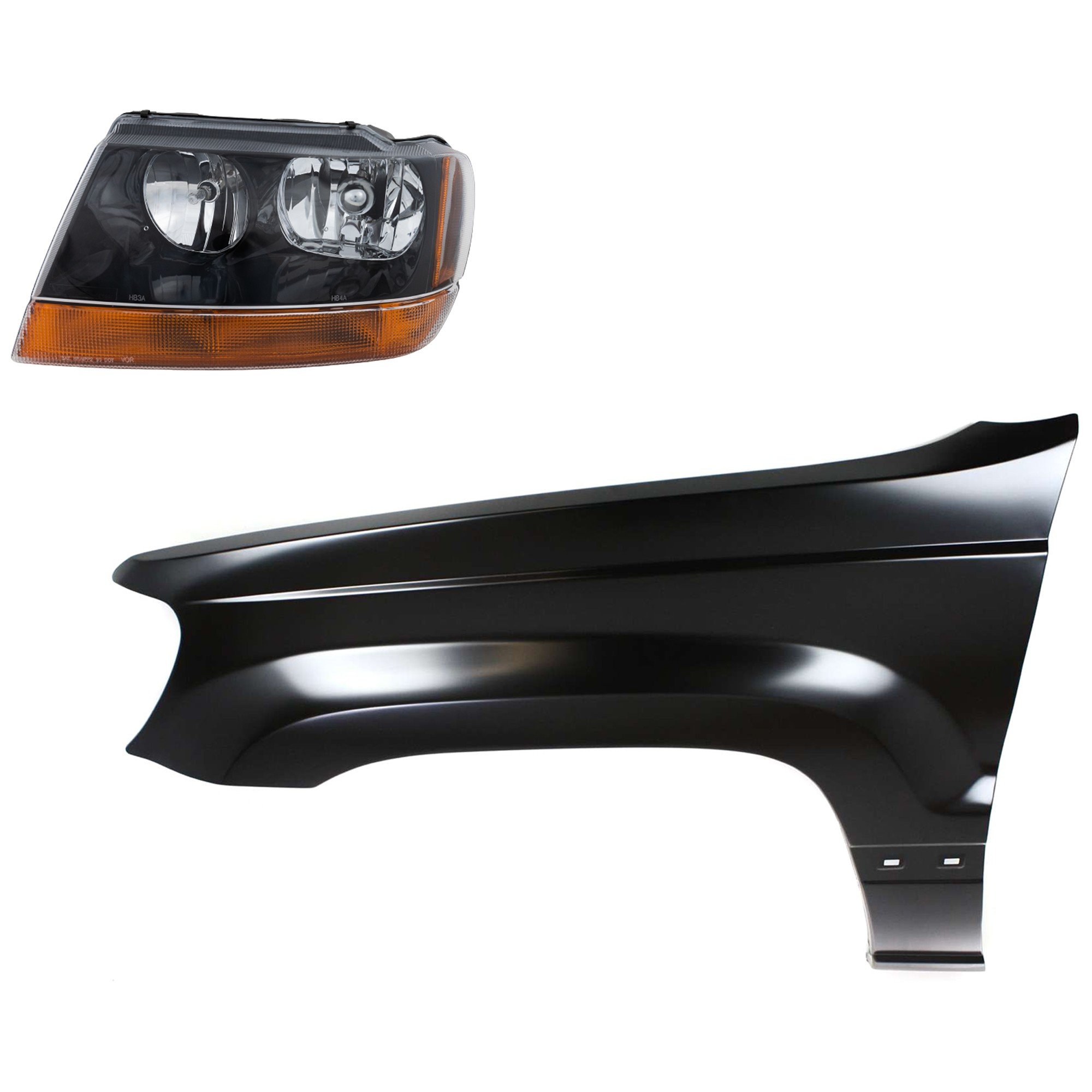 Headlight Assembly for Jeep Grand Cherokee 1999-2003, Left (Driver) Side, Halogen, 2-Piece Kit with Fender, Replacement