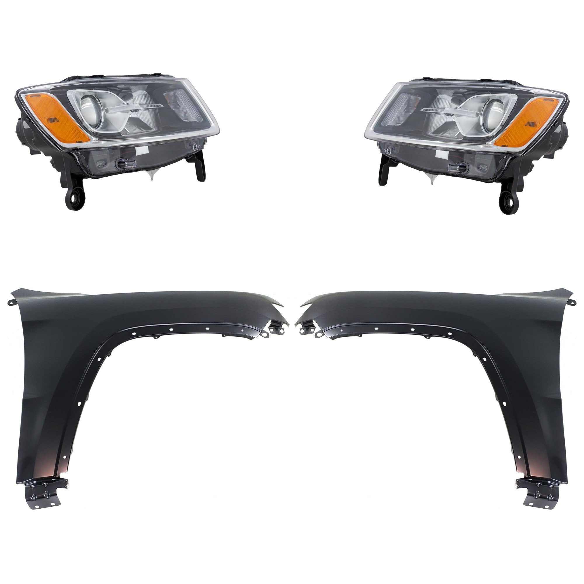 Headlight Assembly Kit for Jeep Grand Cherokee 2014-2016, Right (Passenger) and Left (Driver), Halogen, Includes 4-Piece Kit with Fenders, Replacement
