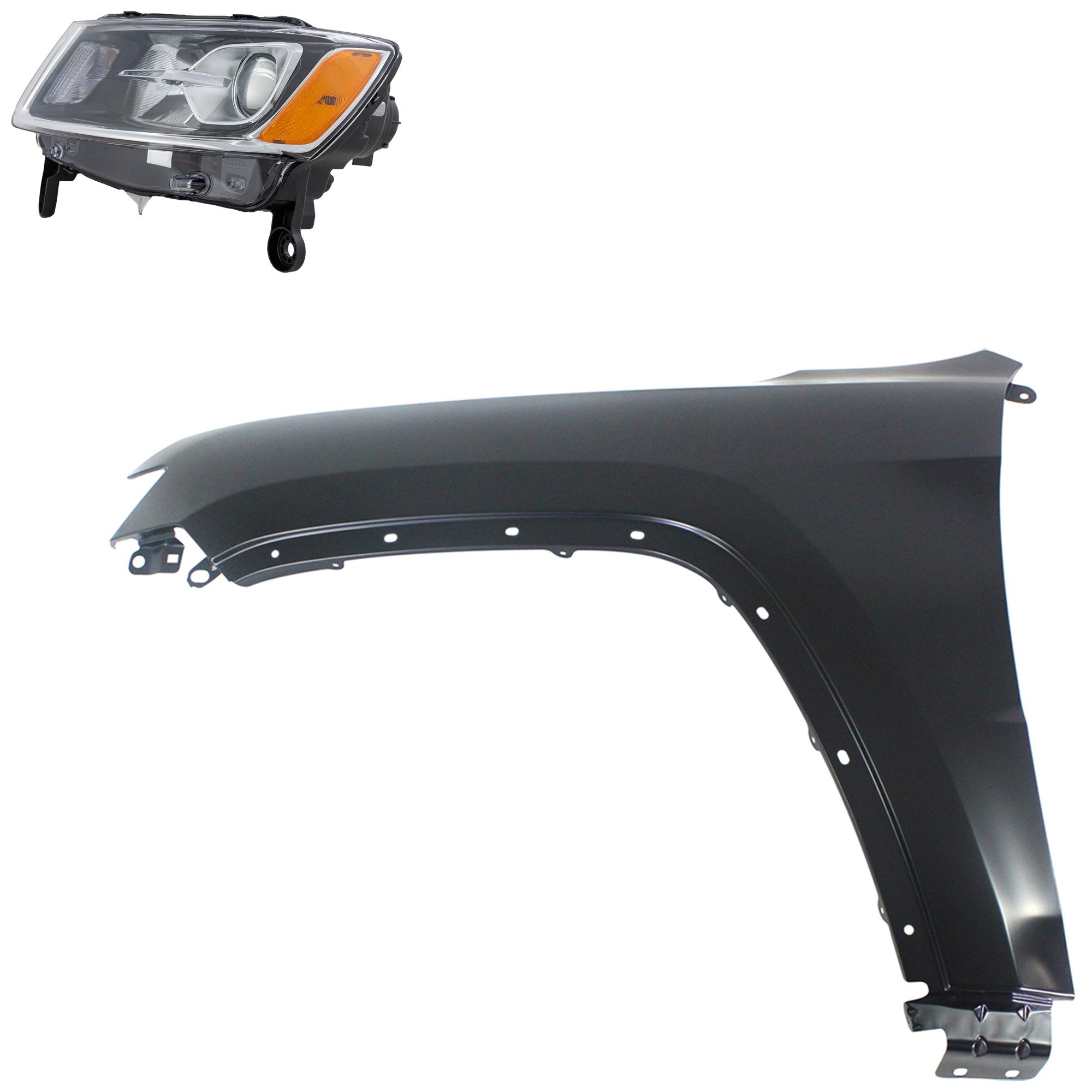 Headlight Assembly for 2014-2016 Jeep Grand Cherokee, Left (Driver) Side, Halogen, 2-Piece Kit, with Fender, Replacement