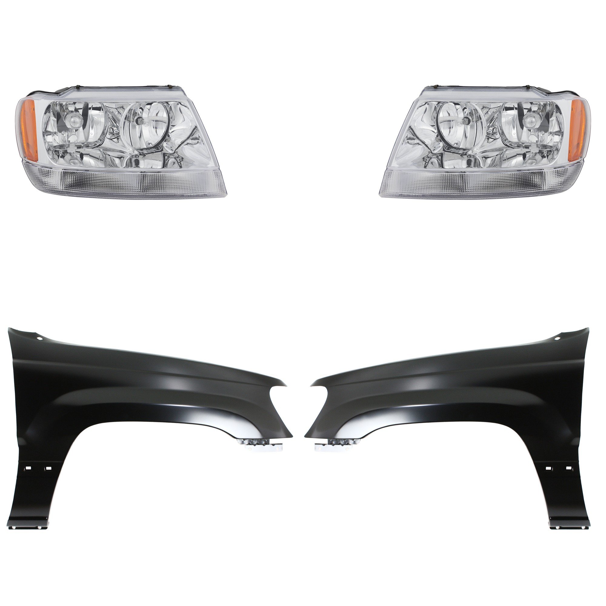 Headlight Assembly Kit for Jeep Grand Cherokee 2004, Right (Passenger) and Left (Driver), Halogen, 4-Piece with Fenders, Replacement