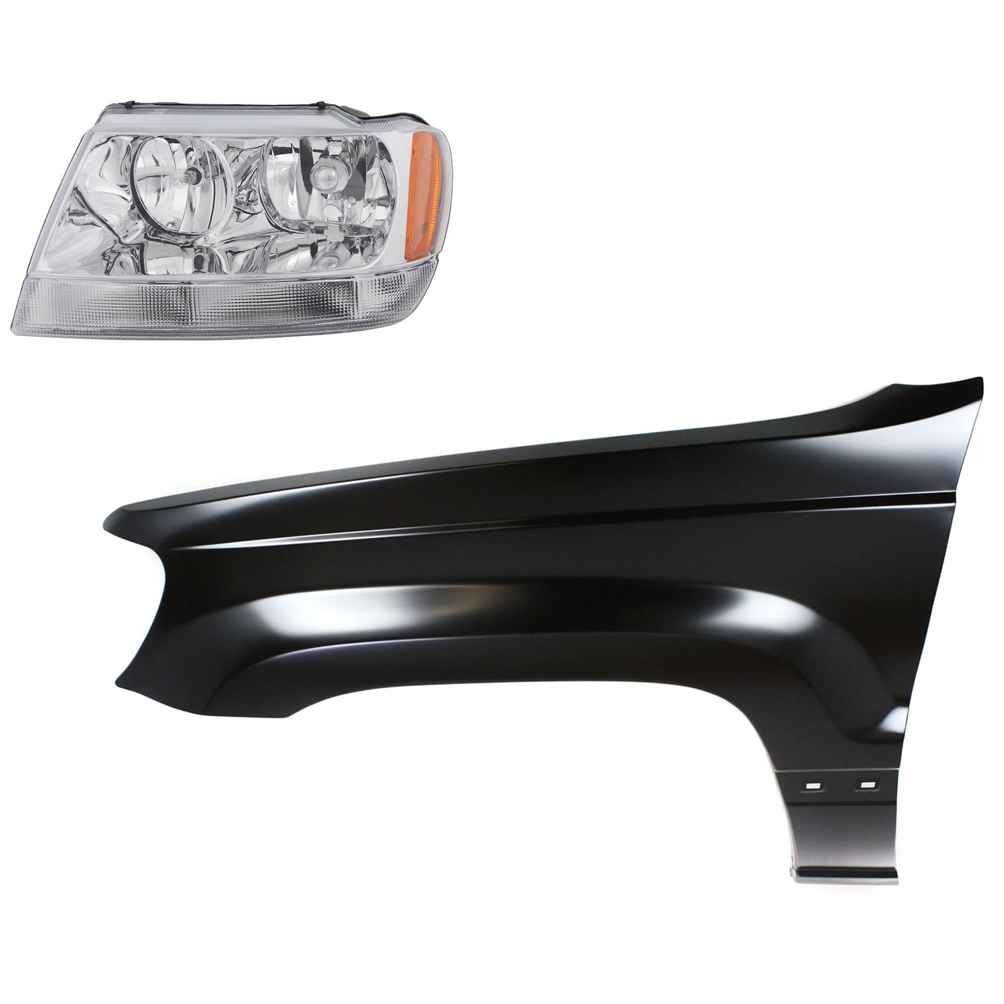 Headlight Assembly for 2004 Jeep Grand Cherokee Left (Driver), 2-Piece Kit with Halogen Fender, Replacement