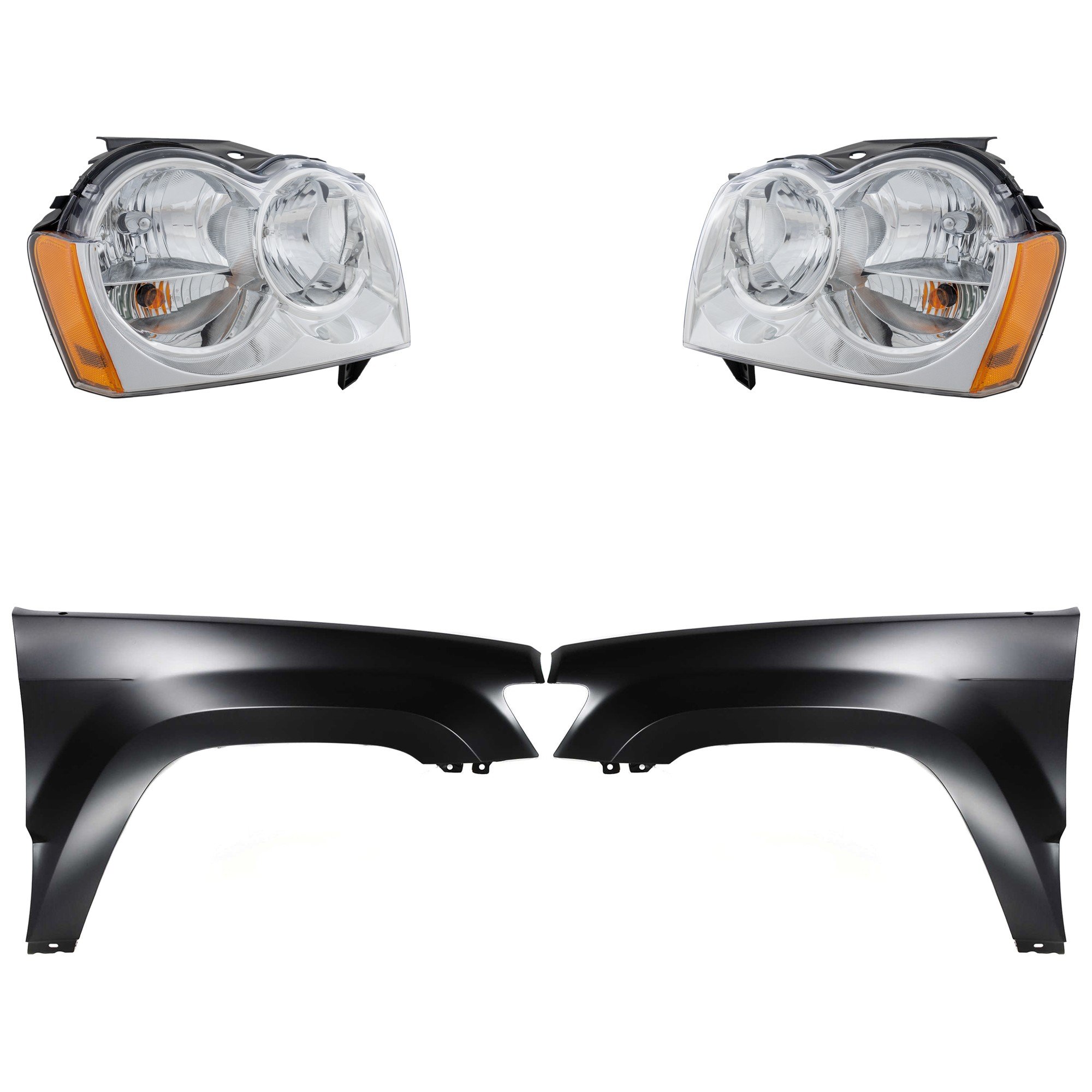 Headlight Assembly Kit for 2005-2007 Jeep Grand Cherokee, Right (Passenger) and Left (Driver) Side, Halogen, 4-Piece Kit with Fenders, Replacement