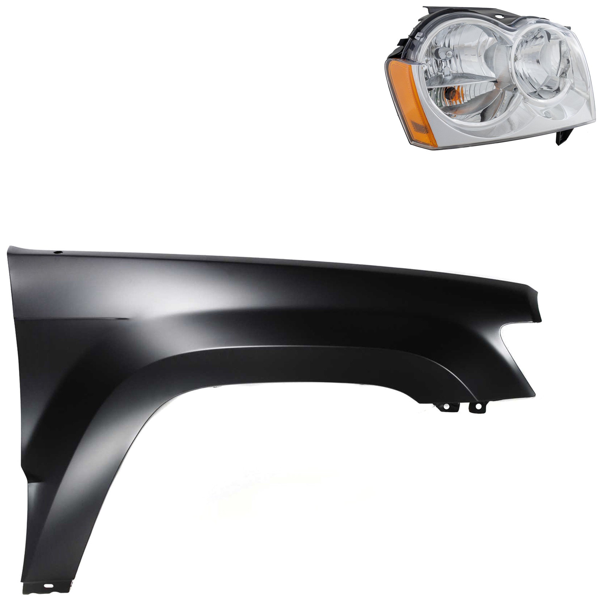 Headlight Assembly Kit for 2005-2007 Jeep Grand Cherokee, Right (Passenger) Side, 2-Piece Halogen Set with Fender, Replacement