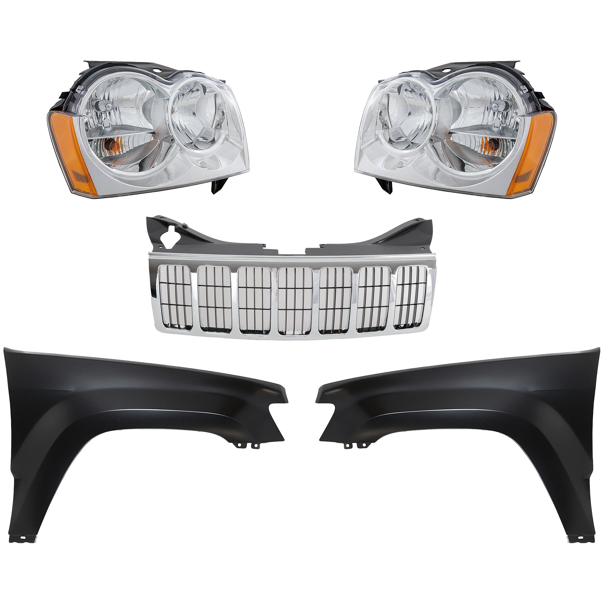 Grille Kit for Jeep Grand Cherokee 2005-2007, Chrome Shell and Insert, 5-Piece Set with Fenders and Headlights, Replacement