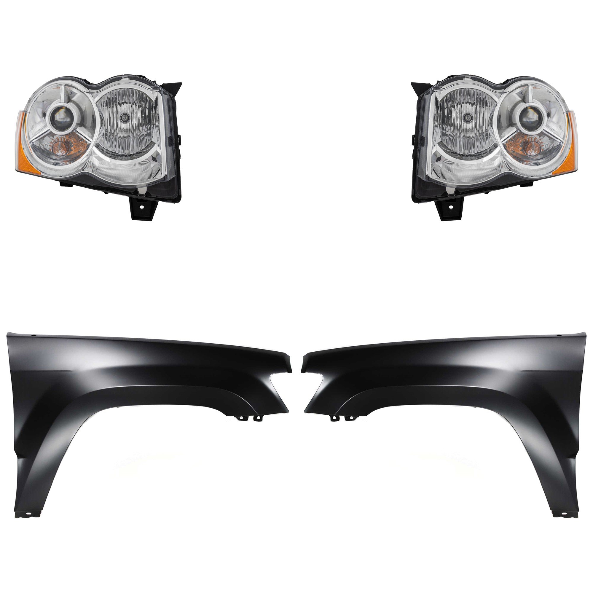 Headlight Kit for 2008-2009 Jeep Grand Cherokee, Right (Passenger) and Left (Driver), Lens and Housing, Xenon, 4-Piece Kit, with Fenders, Replacement