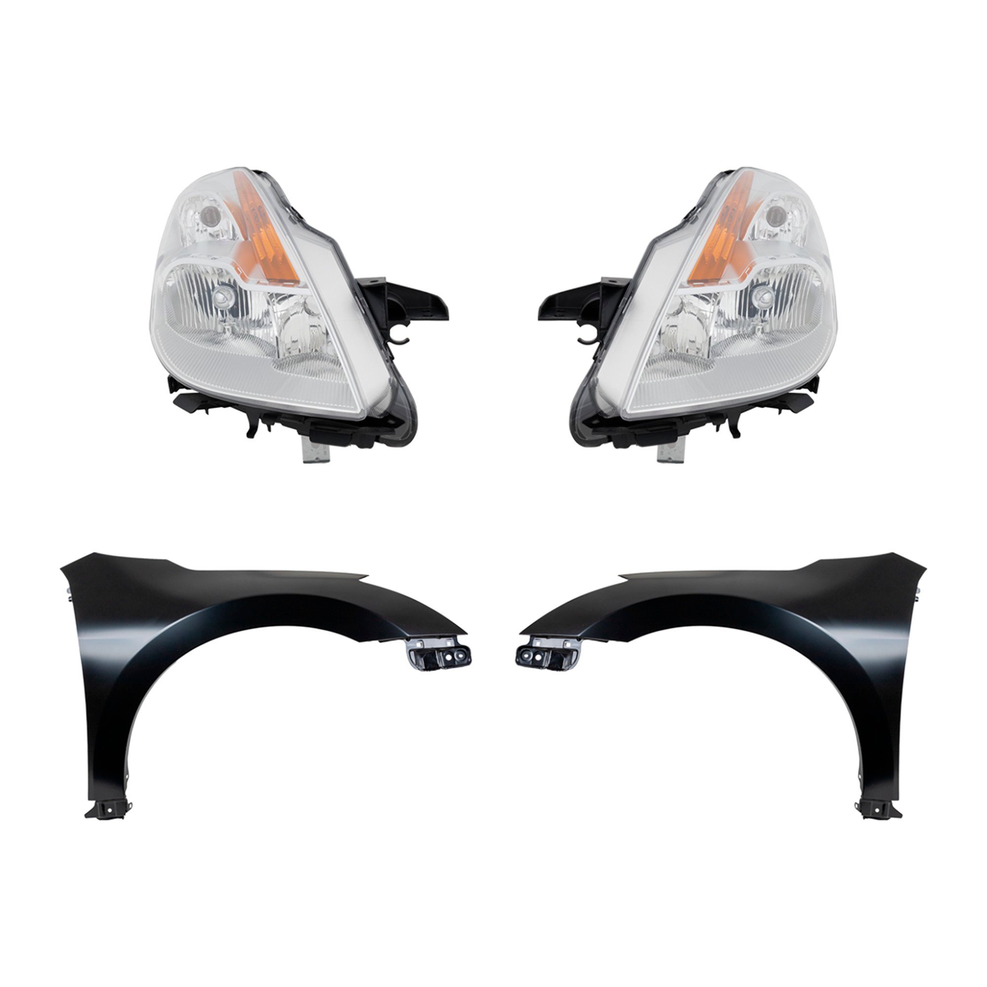 Headlight Kit for 2008-2009 Nissan Altima, Right (Passenger) and Left (Driver), Lens and Housing, Halogen, 4-Piece Kit with Fenders, Replacement