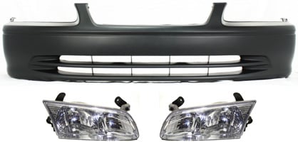 Front Bumper Cover Kit for 2000-2001 Toyota Camry Sedan, 3-Piece with Headlights, Replacement