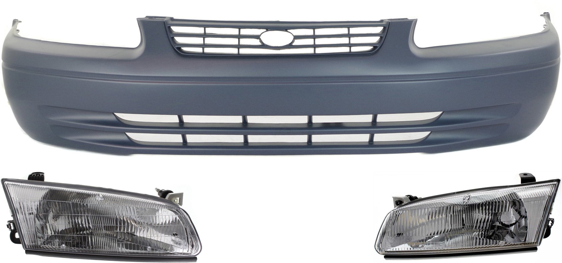 Front Bumper Cover for Toyota Camry 1997-1999, 3-Piece Kit with Headlights, Sedan, Replacement