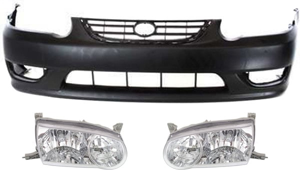 Front Bumper Cover 3-Piece Kit with Headlights for 2001-2002 Toyota Corolla Sedan - Replacement