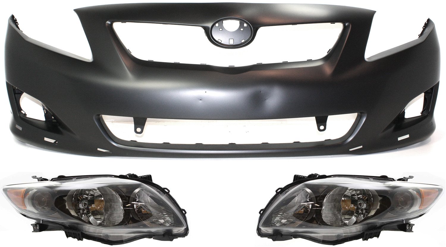 Front Bumper Cover for 2009-2010 Toyota Corolla, 3-Piece Kit with Headlights, Replacement