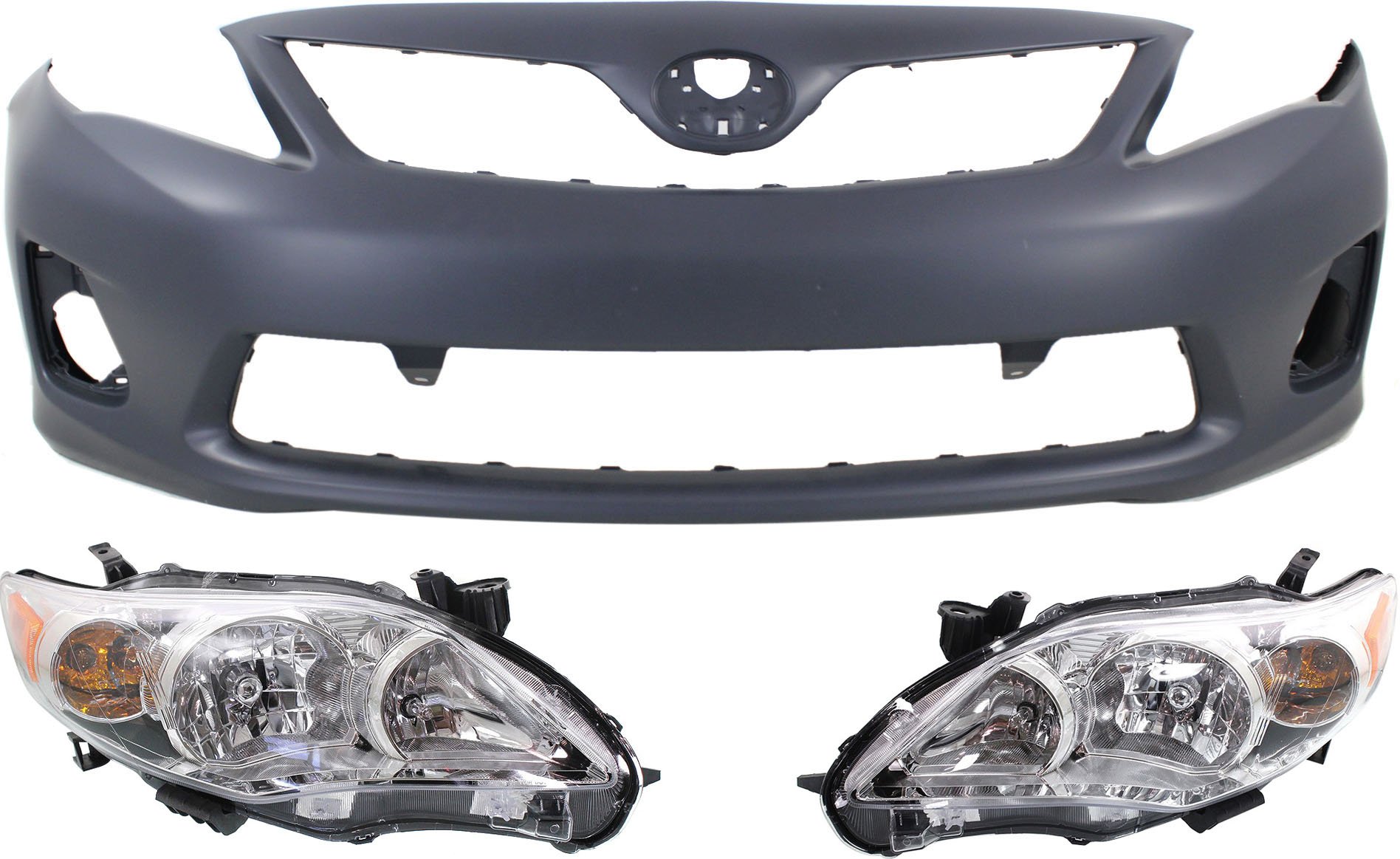 Headlight Assembly Kit for 2011-2013 Toyota Corolla, Right (Passenger) and Left (Driver) Halogen Lights, 3-Piece with Bumper Cover Replacement