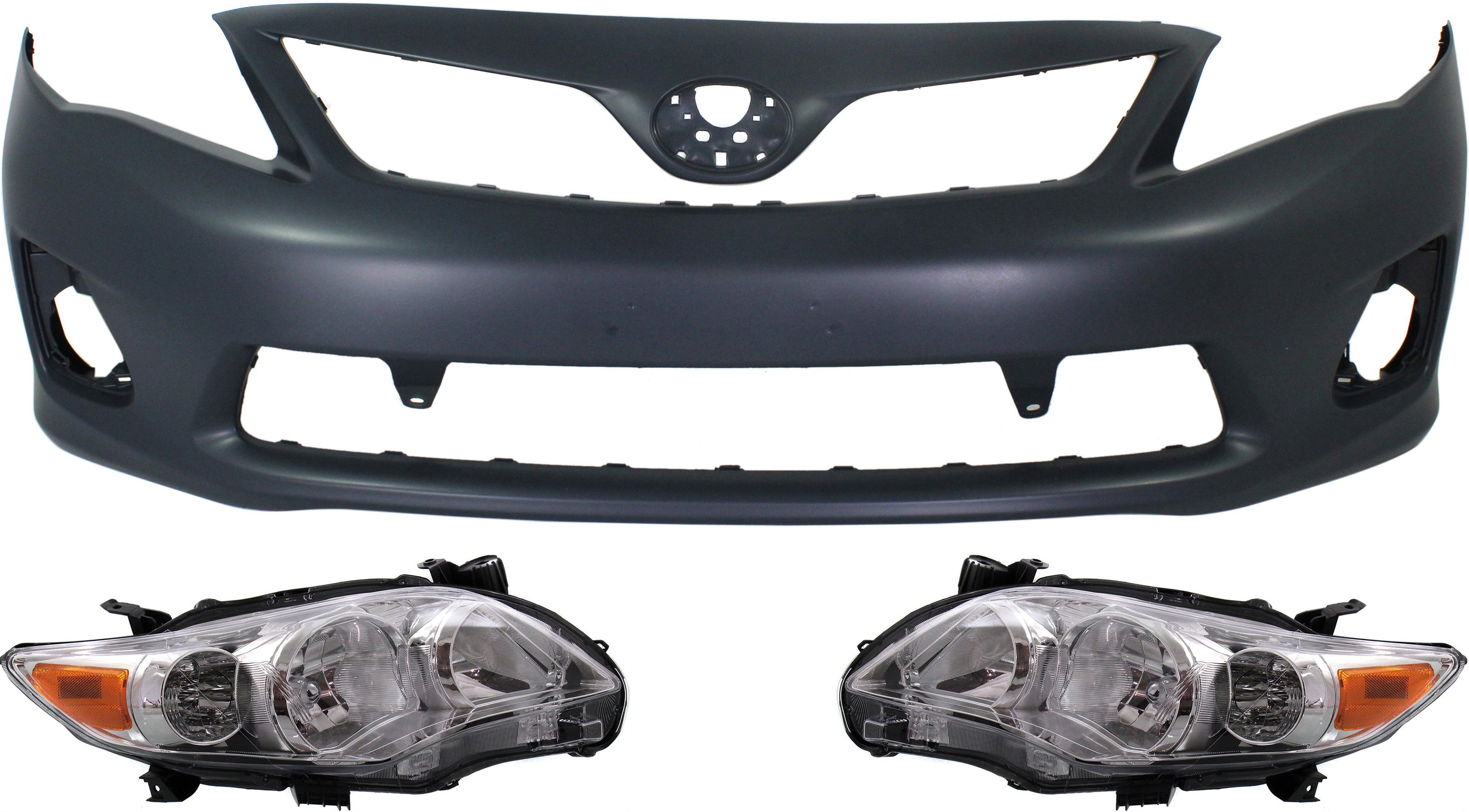 Headlight Kit for 2011-2013 Toyota Corolla, Right (Passenger) and Left (Driver) with Lens and Housing, Halogen, 3-Piece with Bumper Cover, Replacement