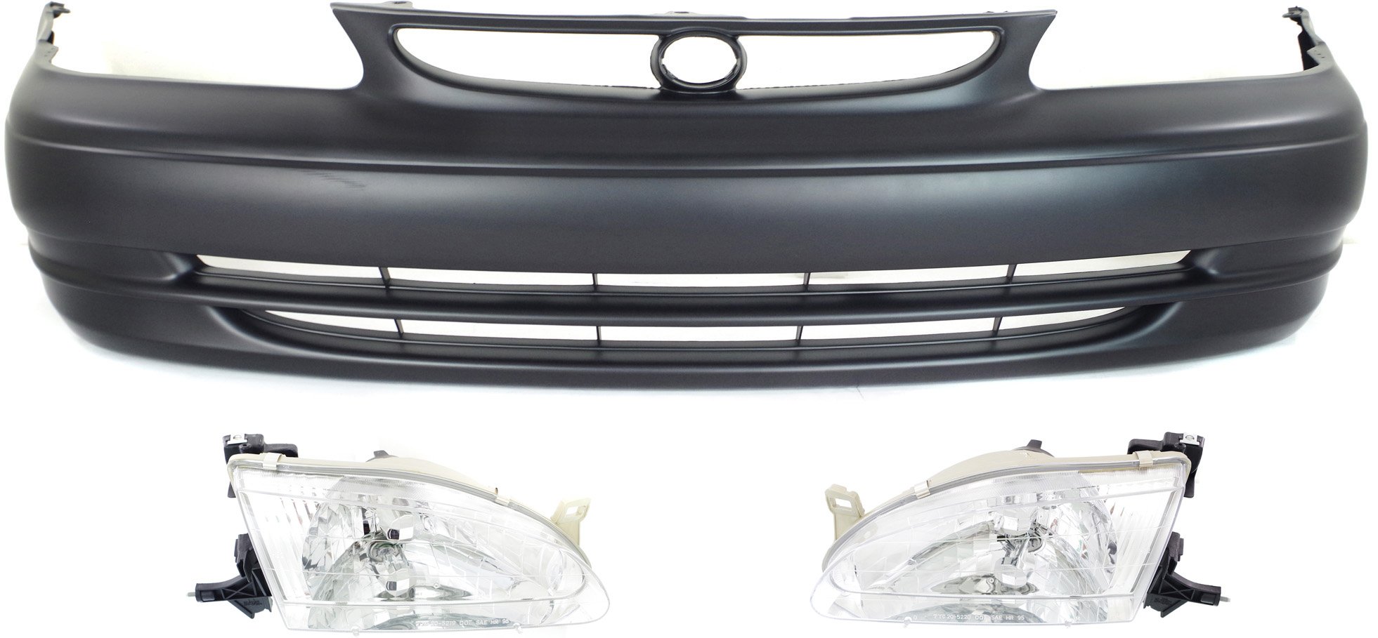 Front Bumper Cover for Toyota Corolla 1998-2000, 3-Piece Kit, with Headlights, for Sedan, Replacement