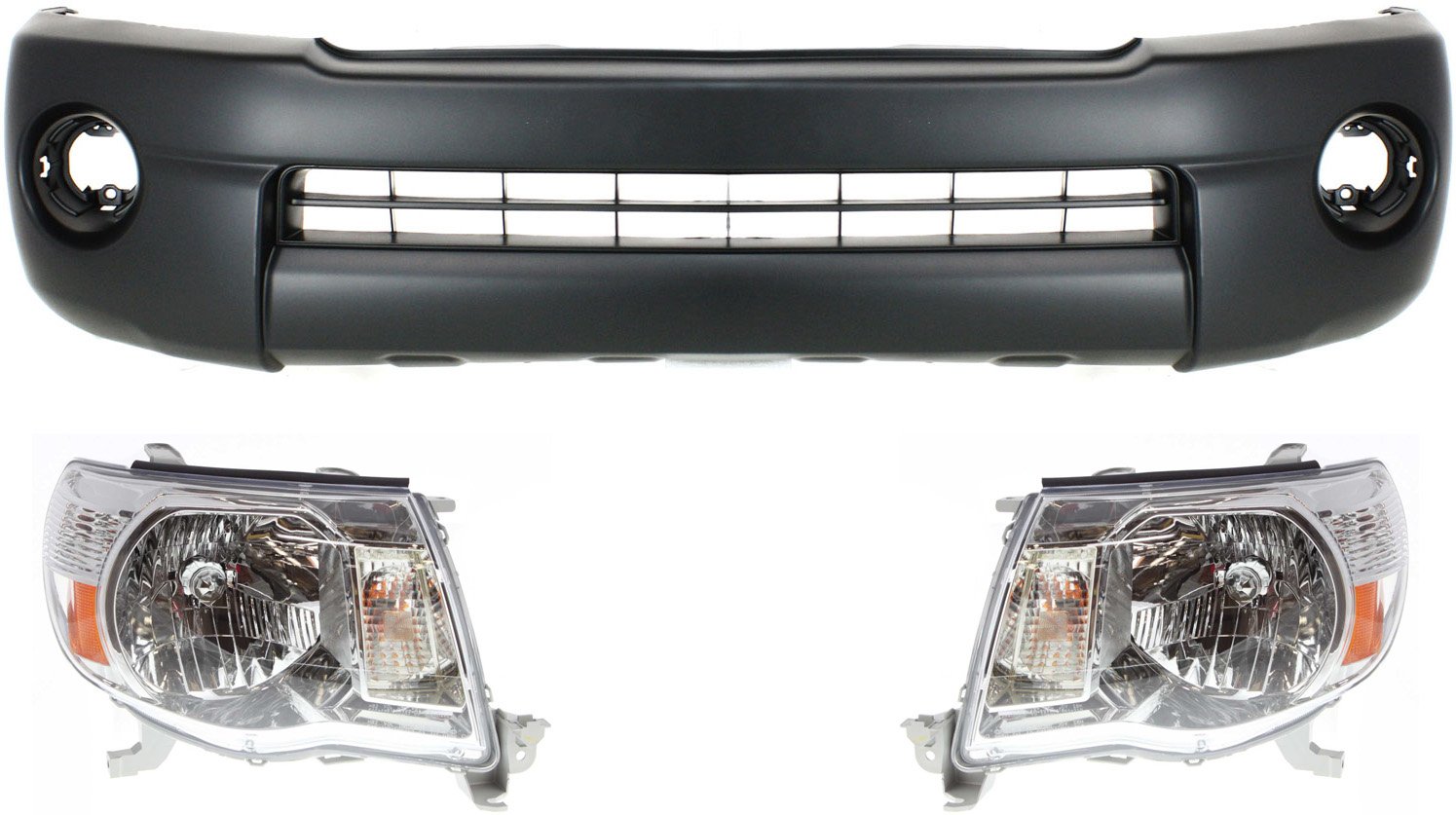 Front Bumper Cover Kit for Toyota Tacoma 2005-2011, 3-Piece Set with Headlights, Without Sport Package, Replacement