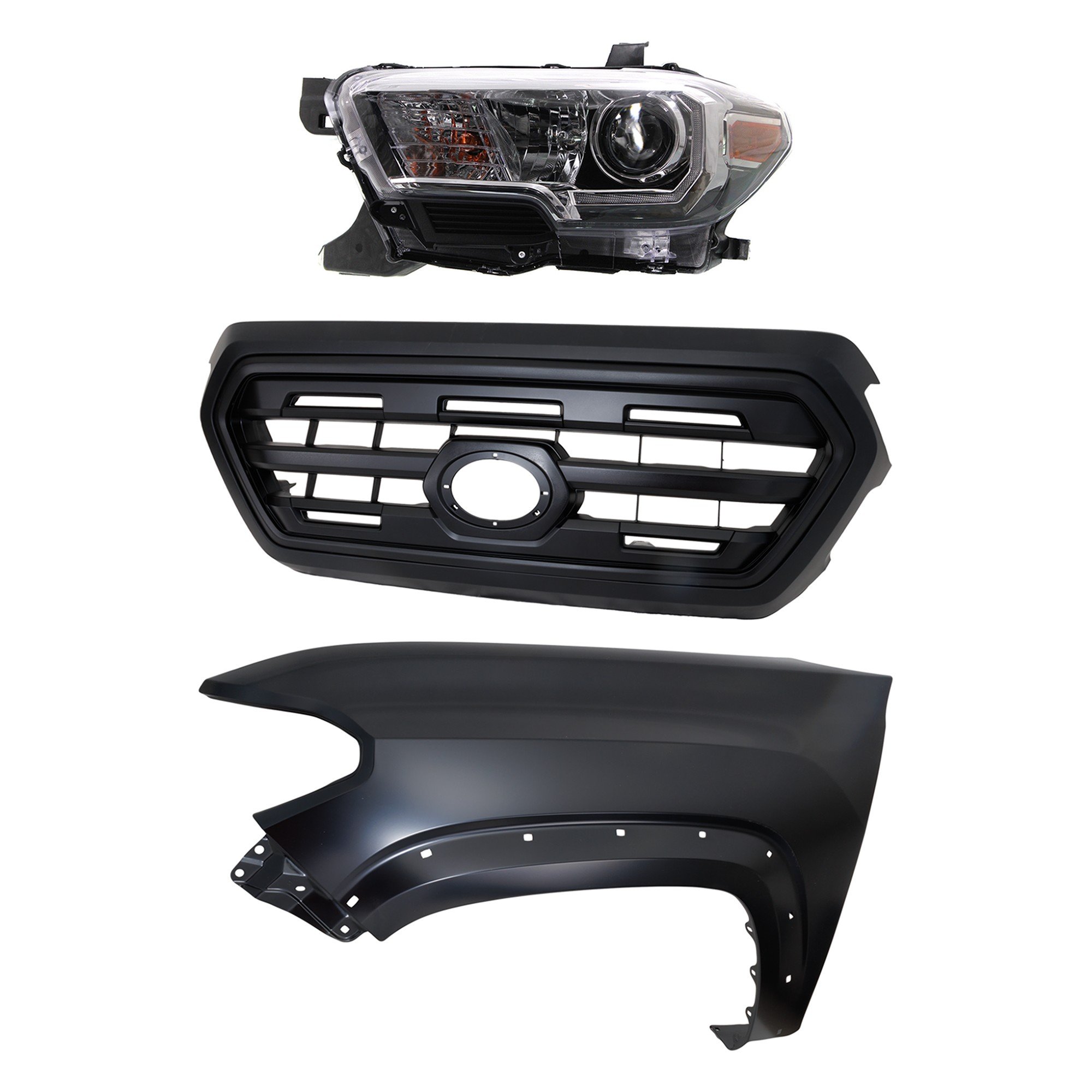 Headlight Assembly for Toyota Tacoma 2016-2017, Left (Driver) Side, Halogen, 3-Piece Kit, with Fender and Grille Assembly, Replacement