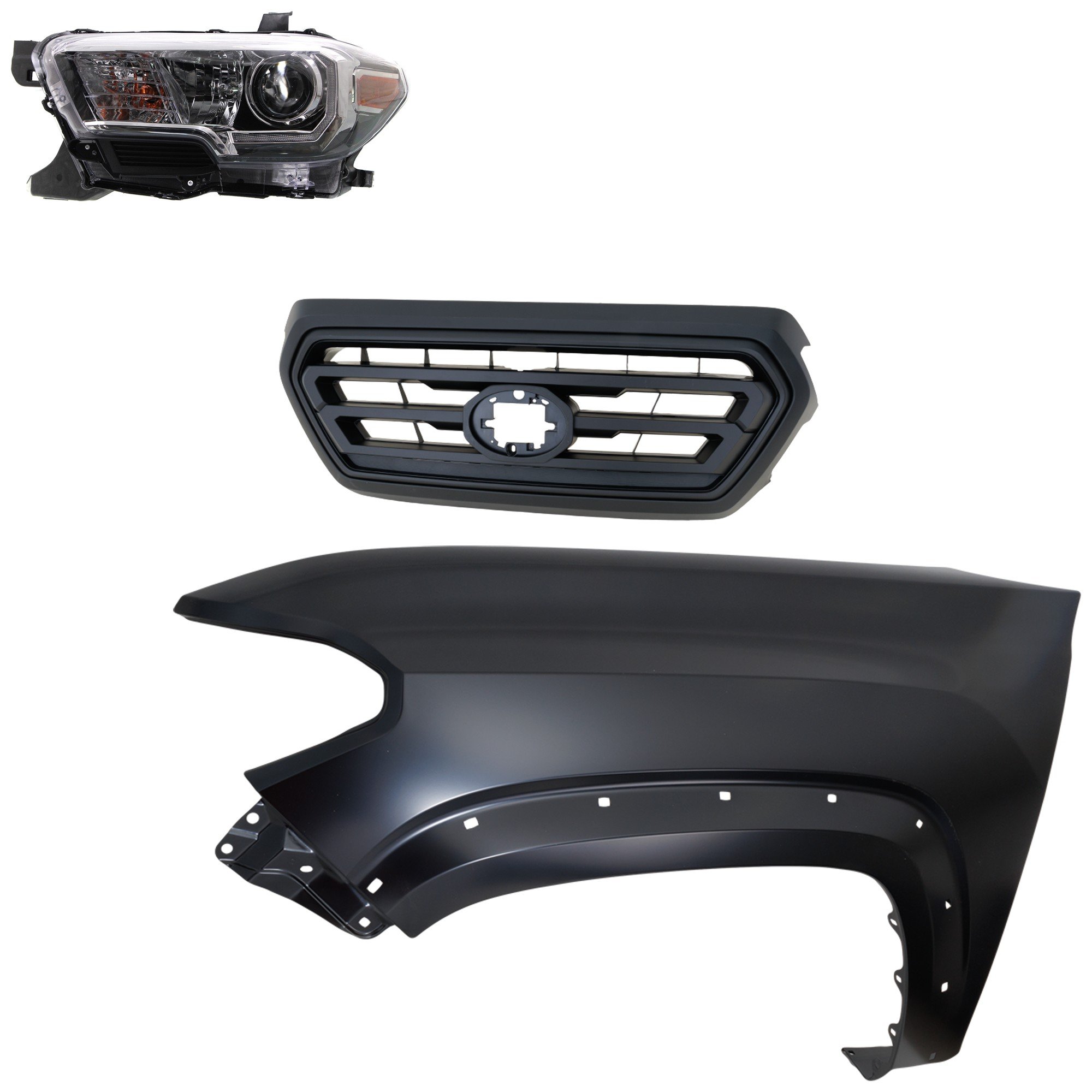 Headlight Assembly Kit for Toyota Tacoma 2018-2022, Left (Driver), Halogen, 3-Piece with Fender and Grille Assembly, Replacement
