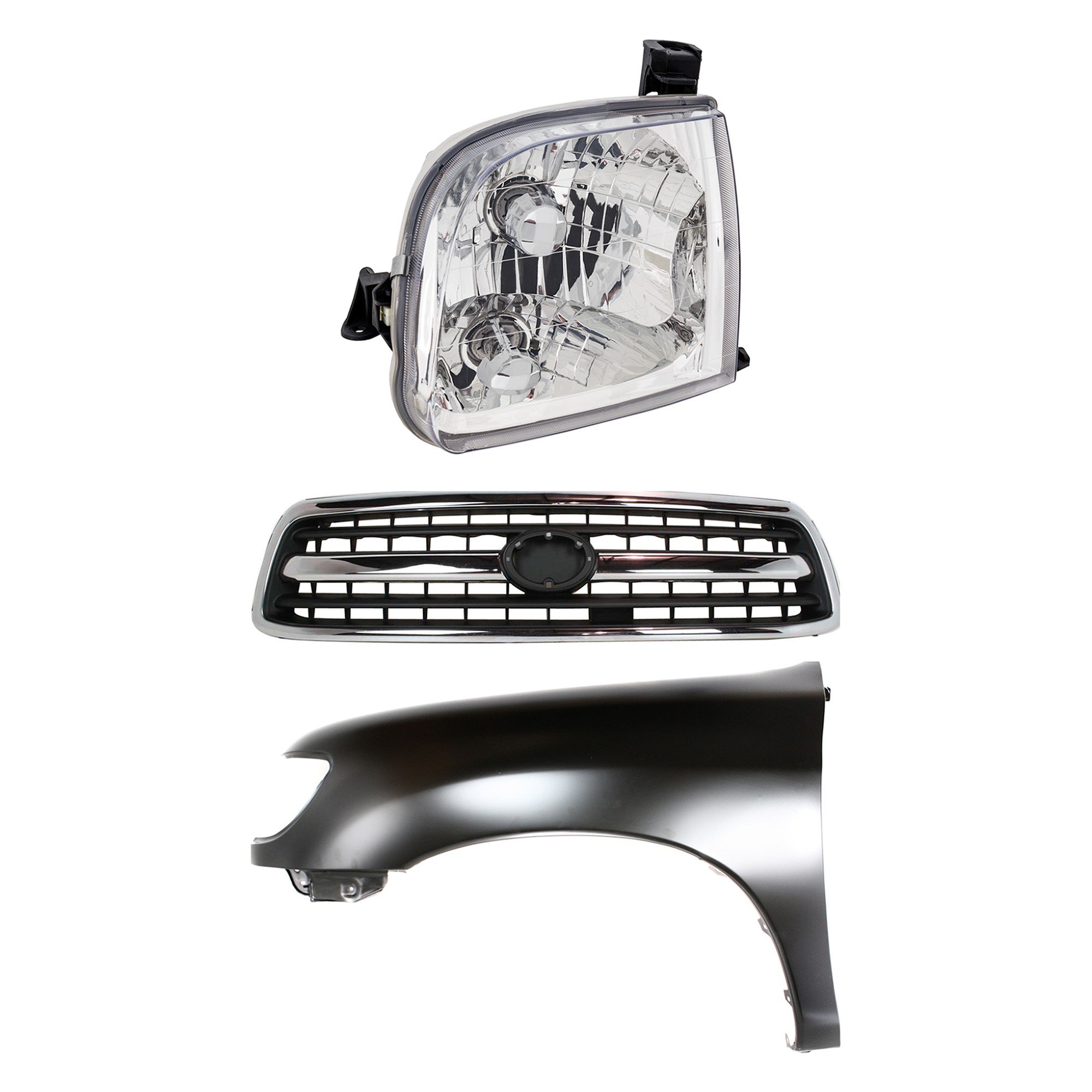3-Piece Grille Kit for 2000-2002 Toyota Tundra, Chrome Shell with Painted Black Insert, Includes Fender and Headlight, Replacement