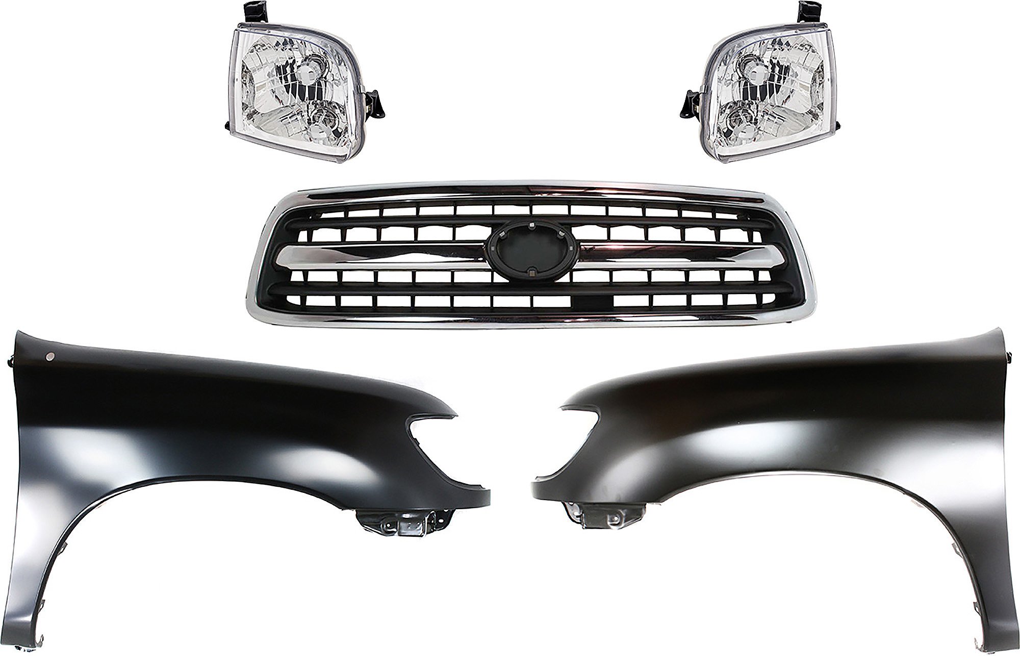 5-Piece KitGrille for Toyota Tundra 2000-2002, Chrome Shell with Painted Black Insert, Includes Fenders and Headlights Replacement