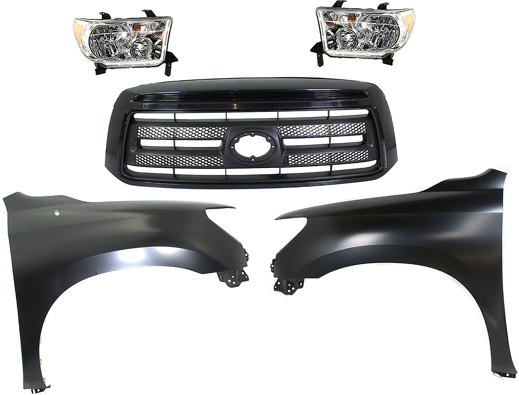 5-Piece Kit Grille for Toyota Tundra 2010-2013, Painted Black Shell and Insert, with Fenders and Headlights Replacement