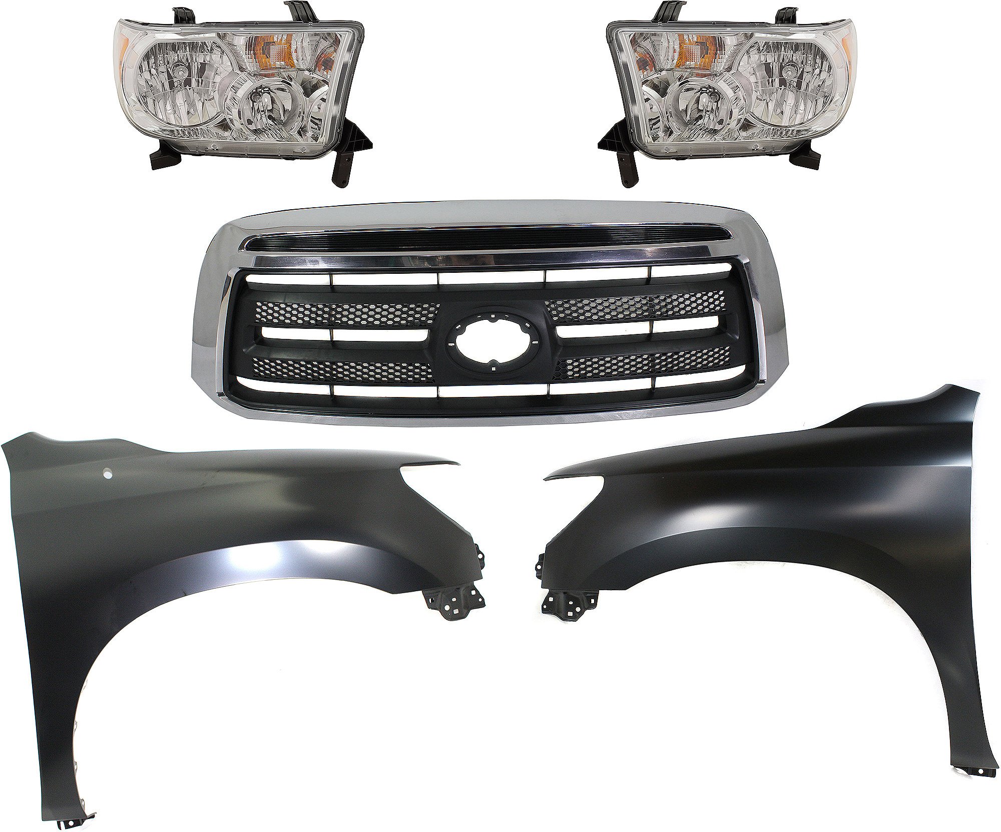 Headlight Assembly for Toyota Tundra 2010-2013, Right (Passenger) and Left (Driver) Halogen, 5-Piece Kit with Fenders and Grille Assembly - (CAPA) Replacement
