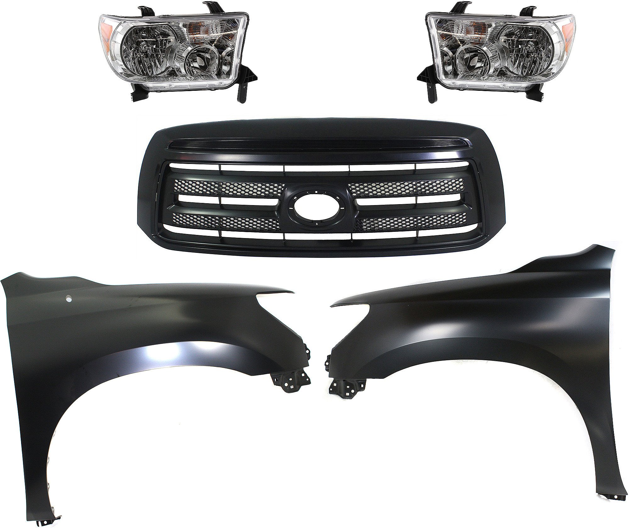 Grille for Toyota Tundra 2010-2013, Painted Black Shell, Insert, 5-Piece Kit with Fenders, Headlights Replacement