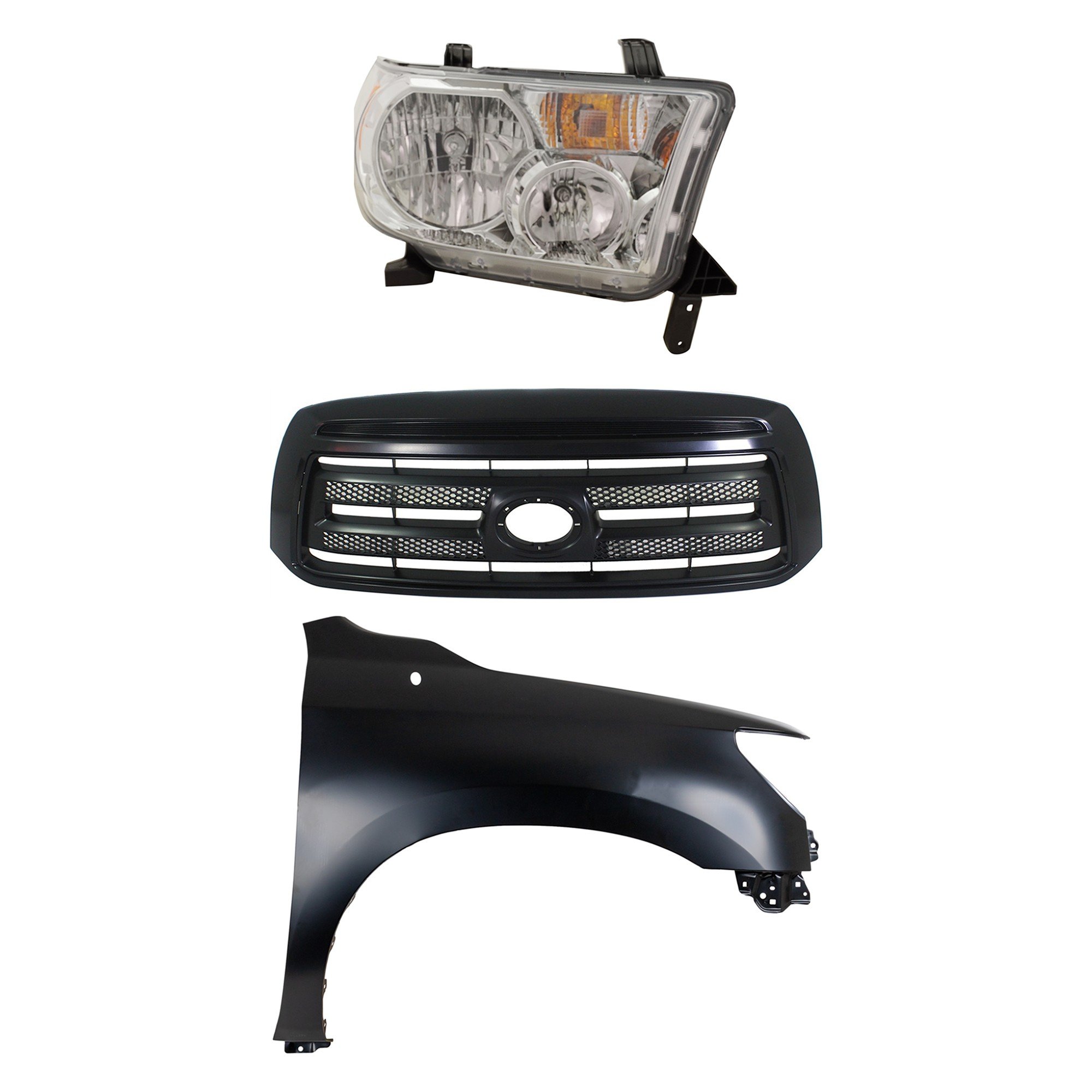 Headlight Assembly Kit for Toyota Tundra 2010-2013, Right (Passenger) Side, 3-Piece with Halogen Light, Fender and Grille Assembly - (CAPA) Replacement