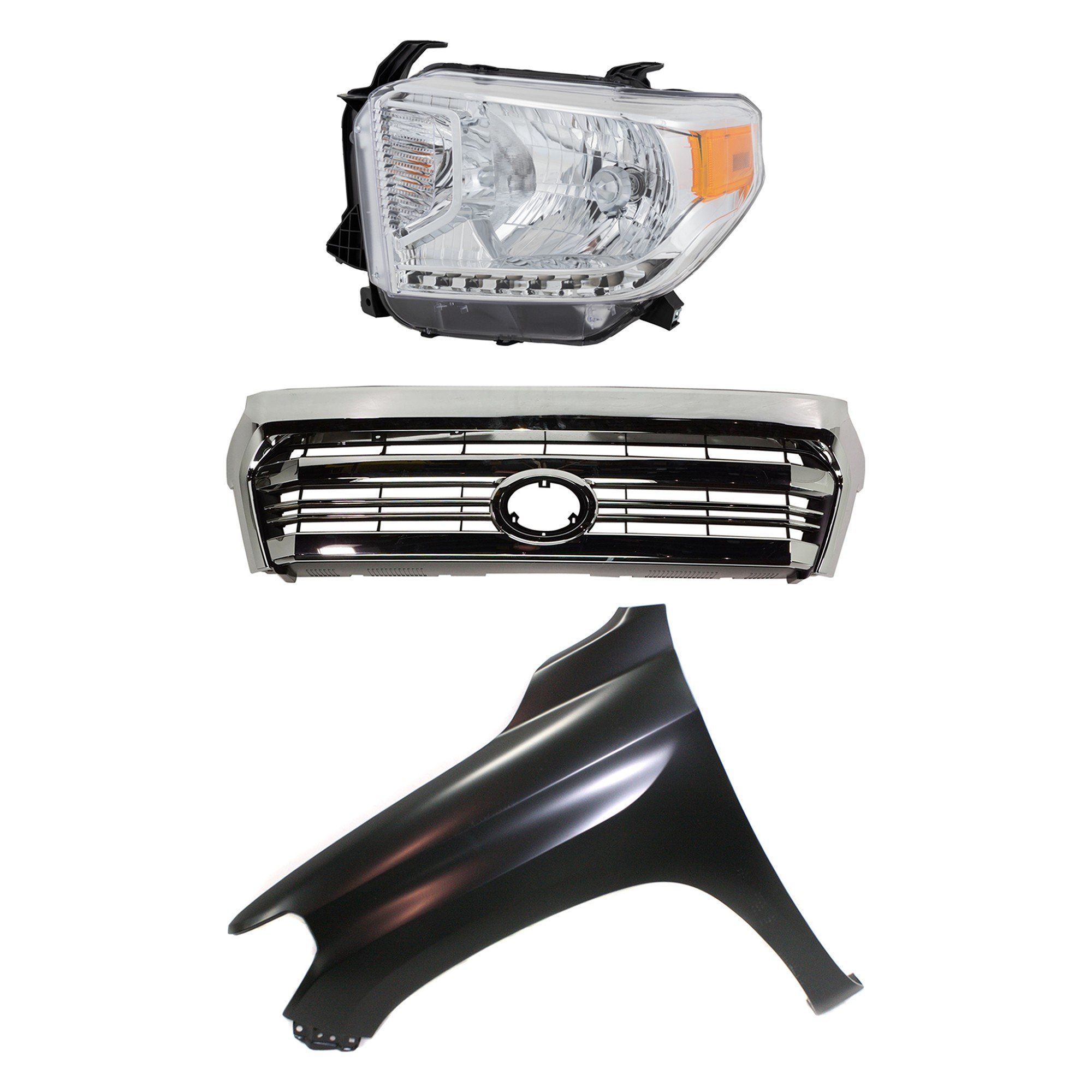 3-Piece Kit Grille for Toyota Tundra 2016-2017, with Front Emblem and Standard Type, including Fender and Headlight Replacement